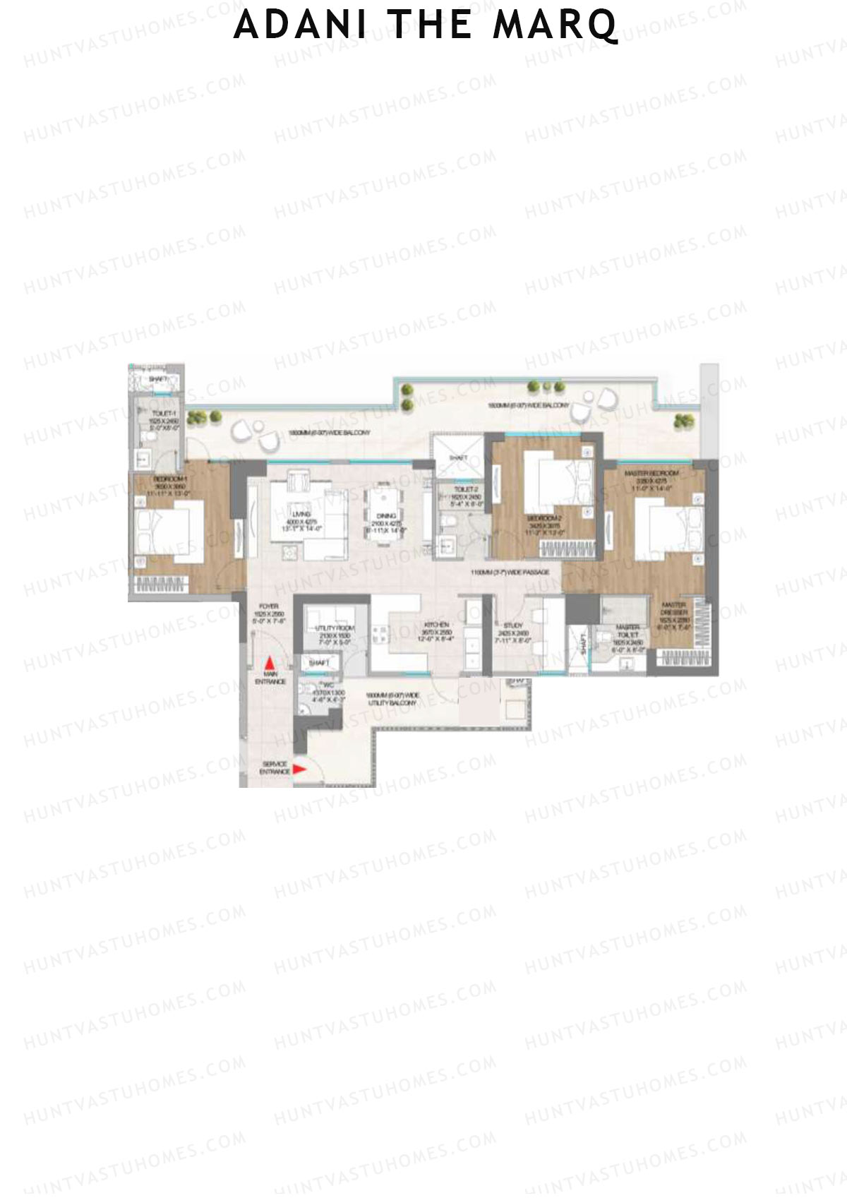 Adani The Marq, Tower A, Unit 3 (Type A), 3BHK, Carpet Area 1386   sq ft 