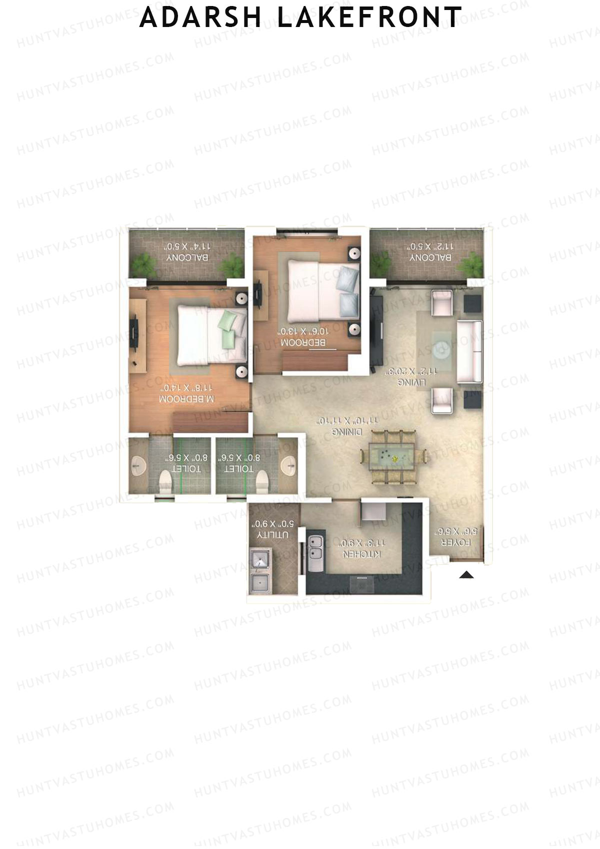 Adarsh Lakefront Tower B Unit 1 (Type 2B) Floor Plan