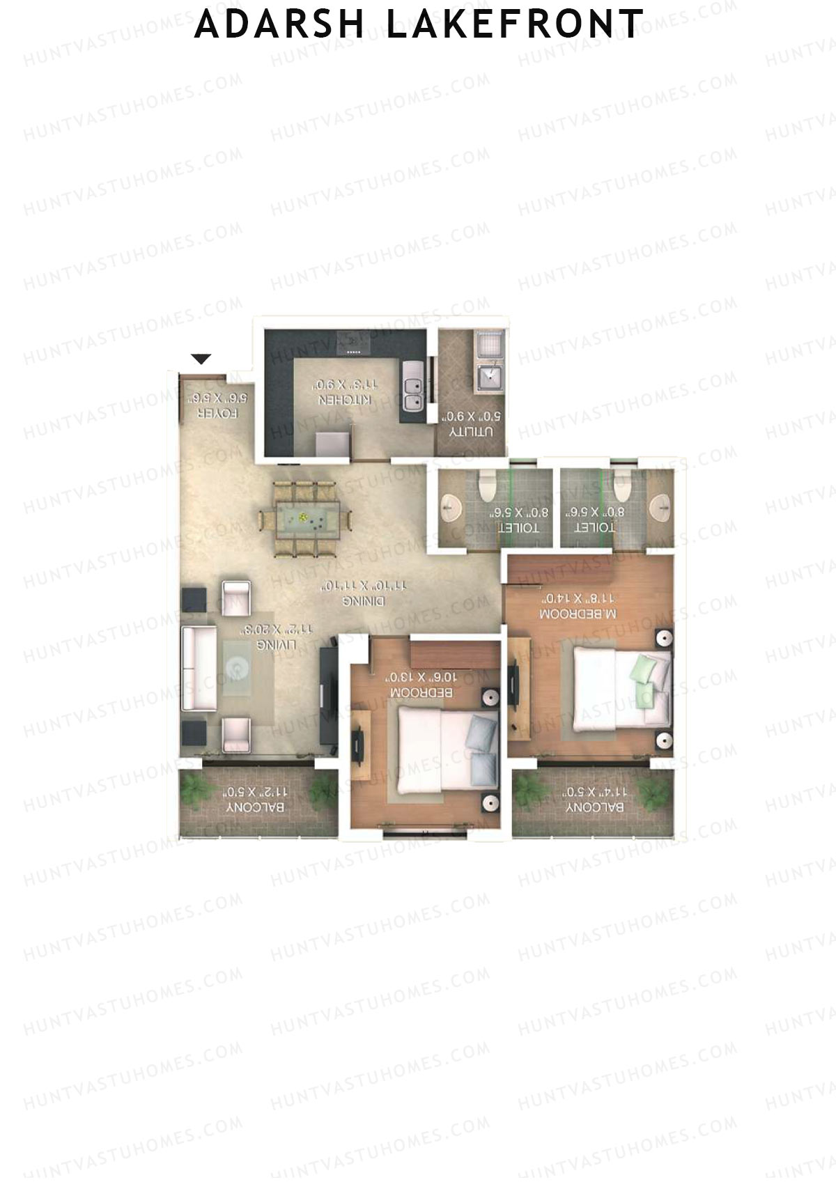 Adarsh Lakefront Tower B Unit 3 (Type 2D) Floor Plan