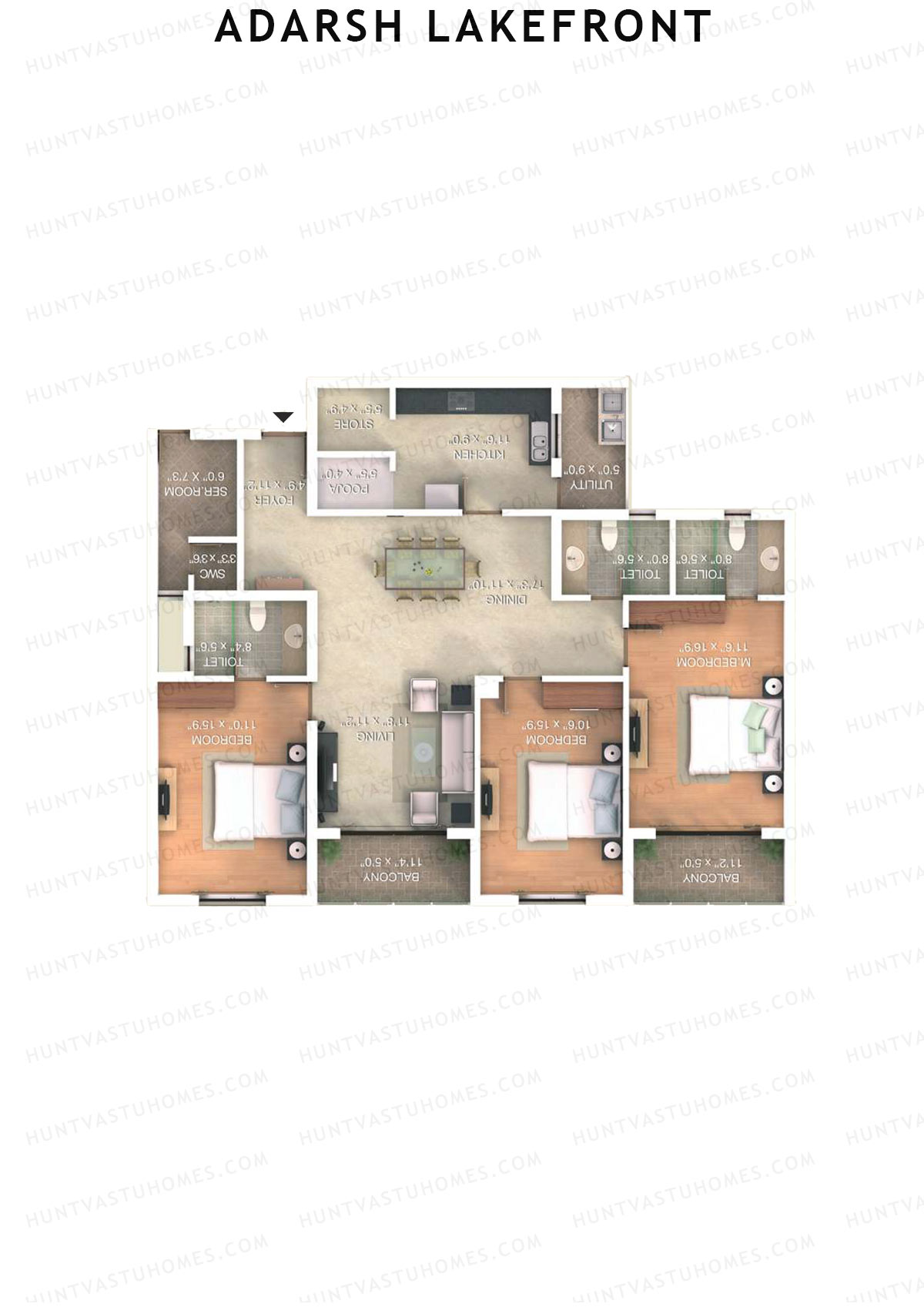 Adarsh Lakefront Tower C Unit 3 (Type 3D) Floor Plan
