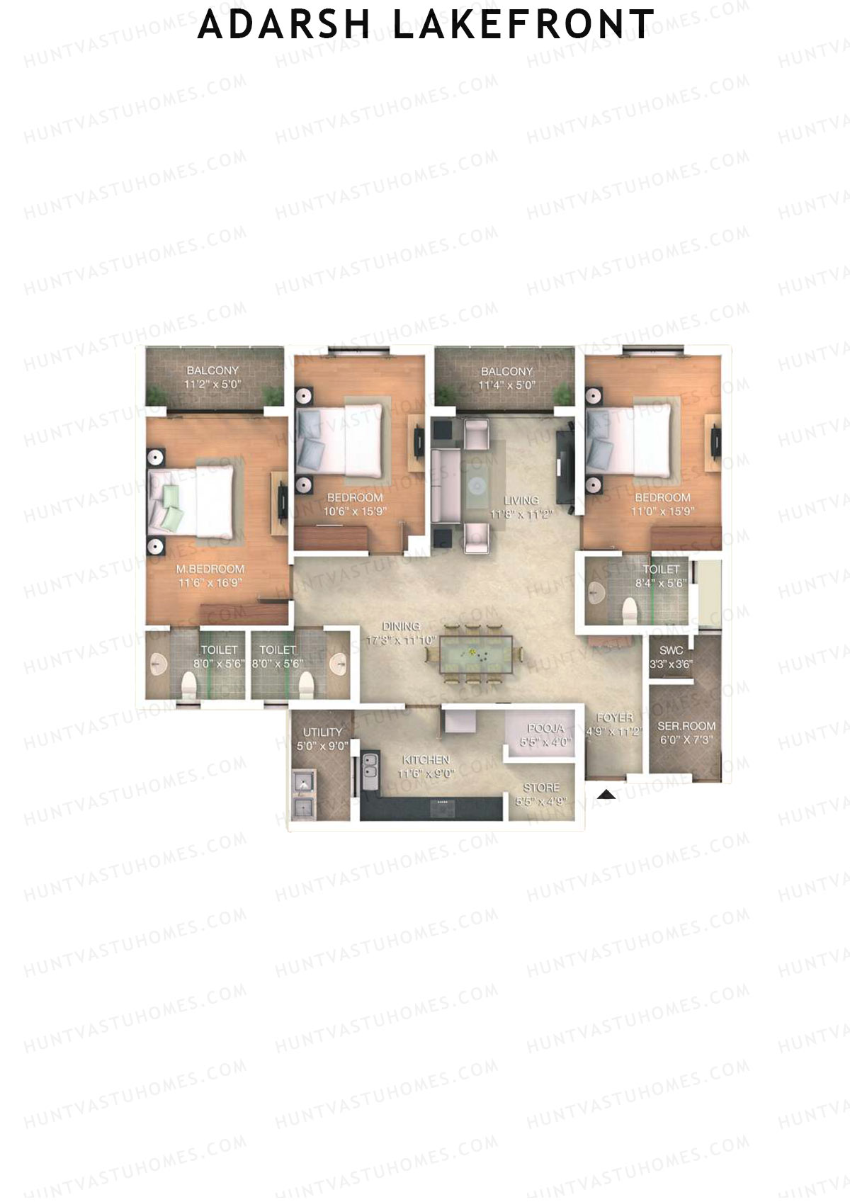 Adarsh Lakefront Tower D Unit 1 (Type 3D) Floor Plan