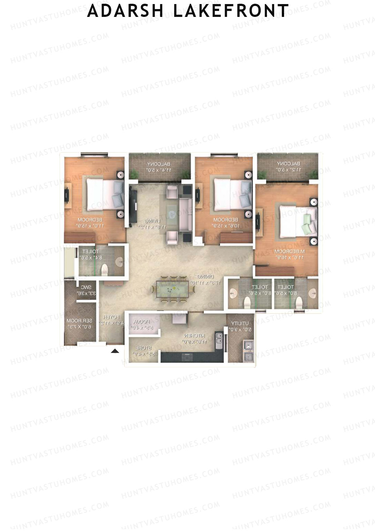 Adarsh Lakefront Tower D Unit 2 (Type 3D) Floor Plan