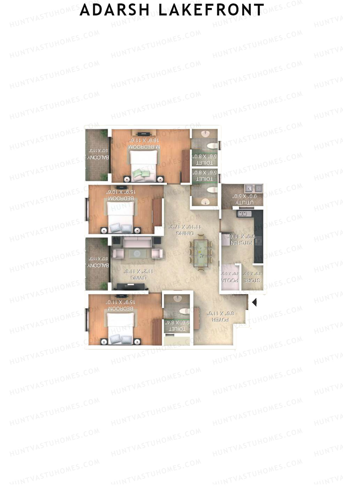 Adarsh Lakefront Tower E Unit 1 (Type 3E) Floor Plan