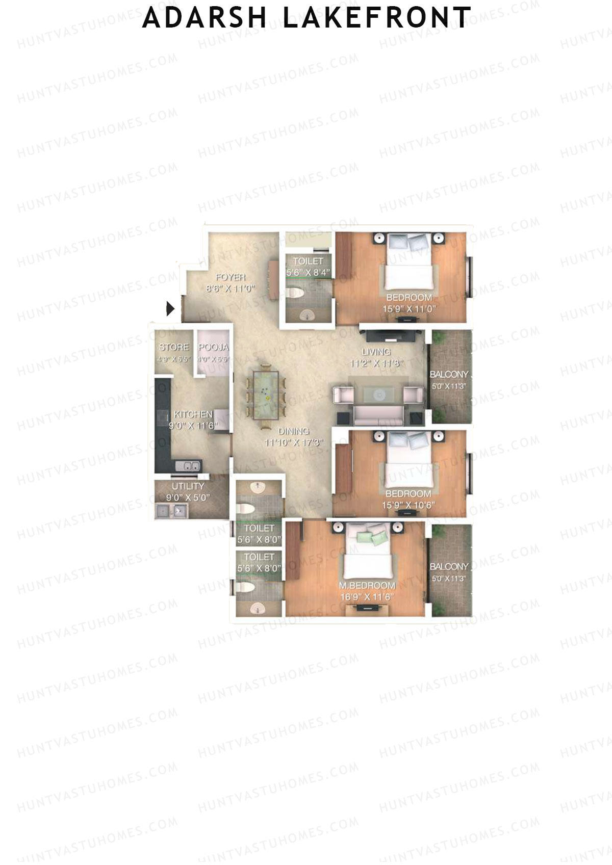 Adarsh Lakefront Tower E Unit 3 (Type 3E) Floor Plan
