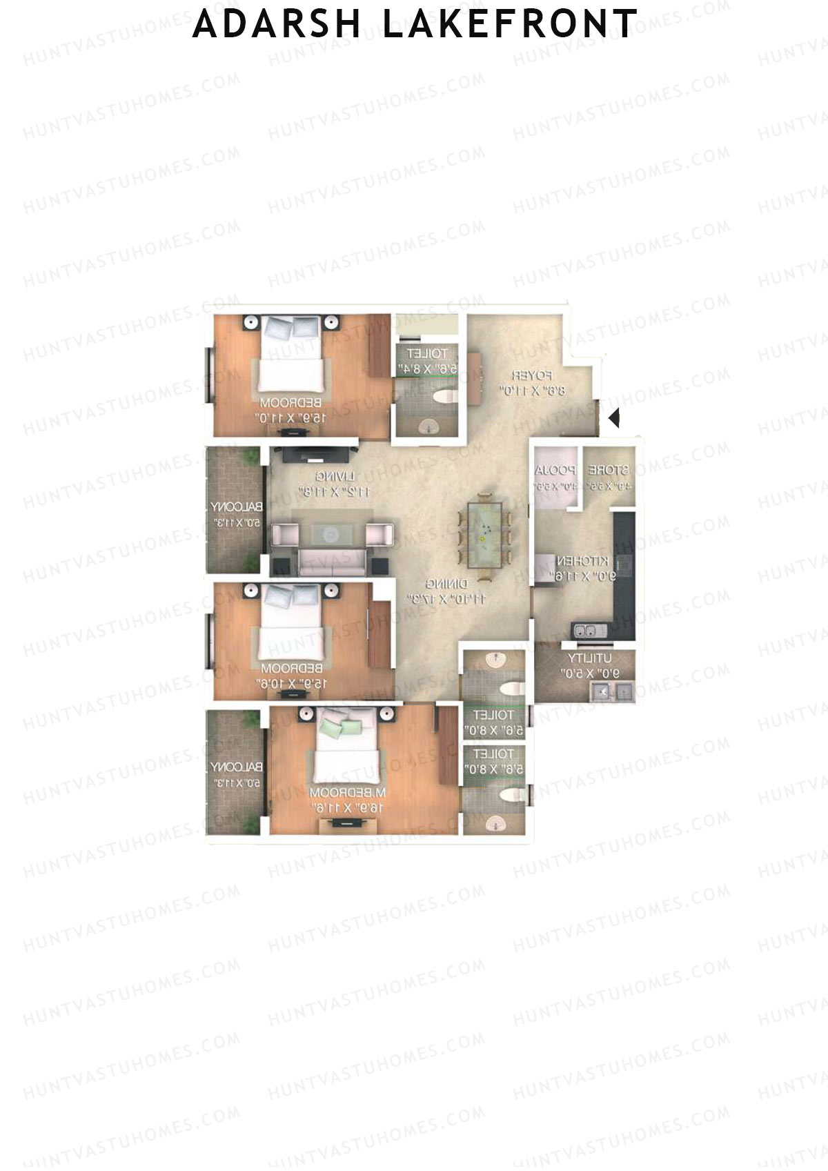 Adarsh Lakefront Tower E Unit 4 (Type 3E) Floor Plan
