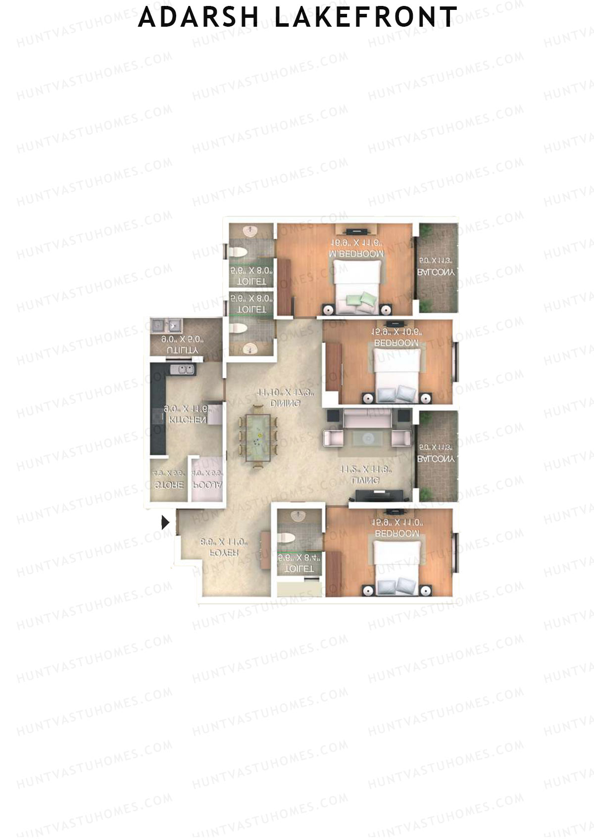 Adarsh Lakefront Tower F Unit 2 (Type 3E) Floor Plan