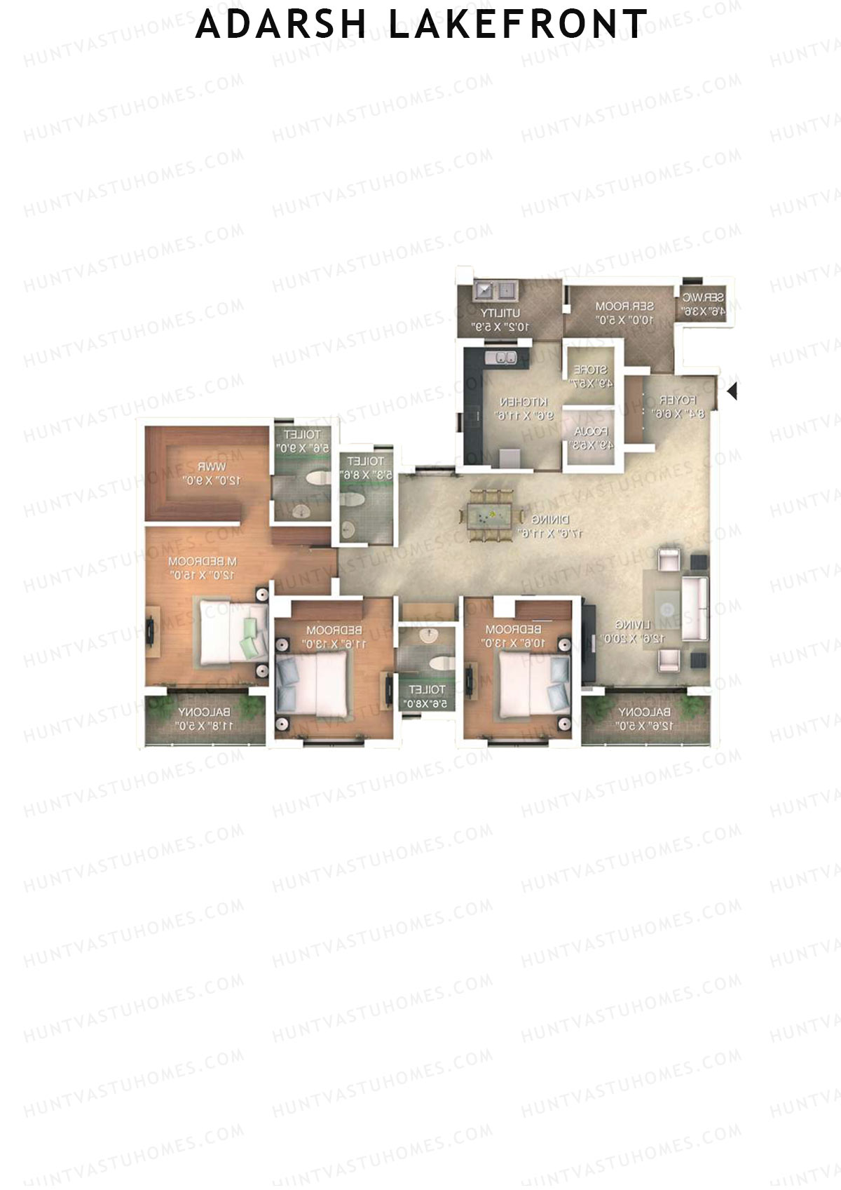 Adarsh Lakefront Tower G Unit 4 (Type 3M) Floor Plan