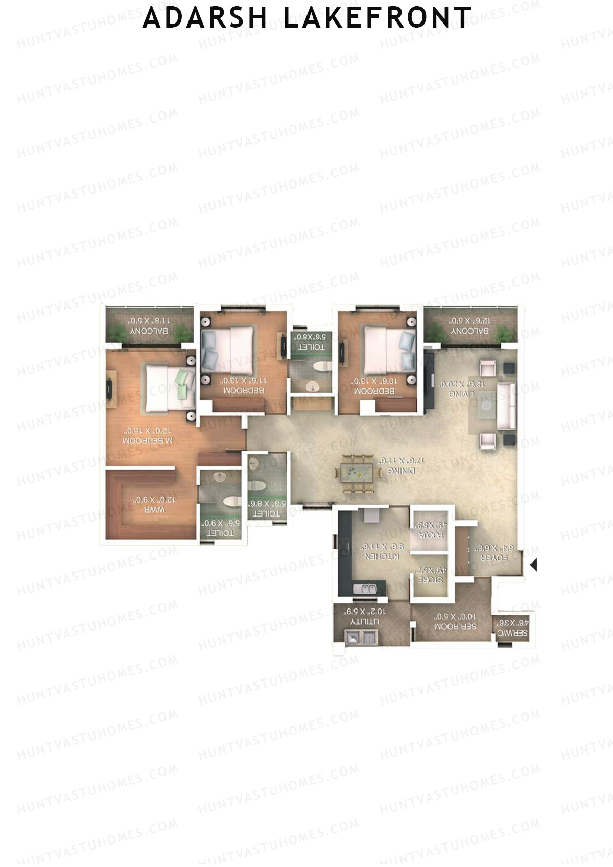 Adarsh Lakefront Tower H Unit 1 (Type 3M) Floor Plan