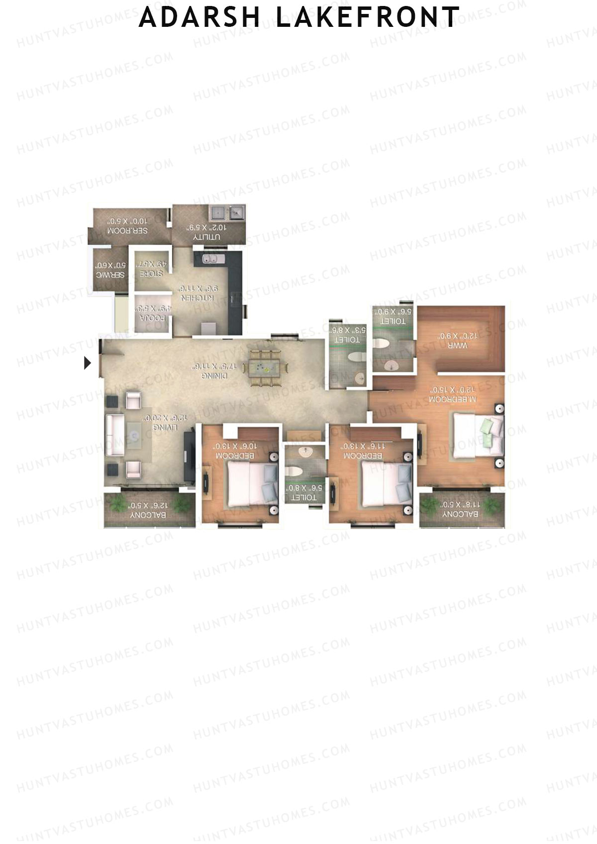 Adarsh Lakefront Tower H Unit 3 (Type 3K) Floor Plan