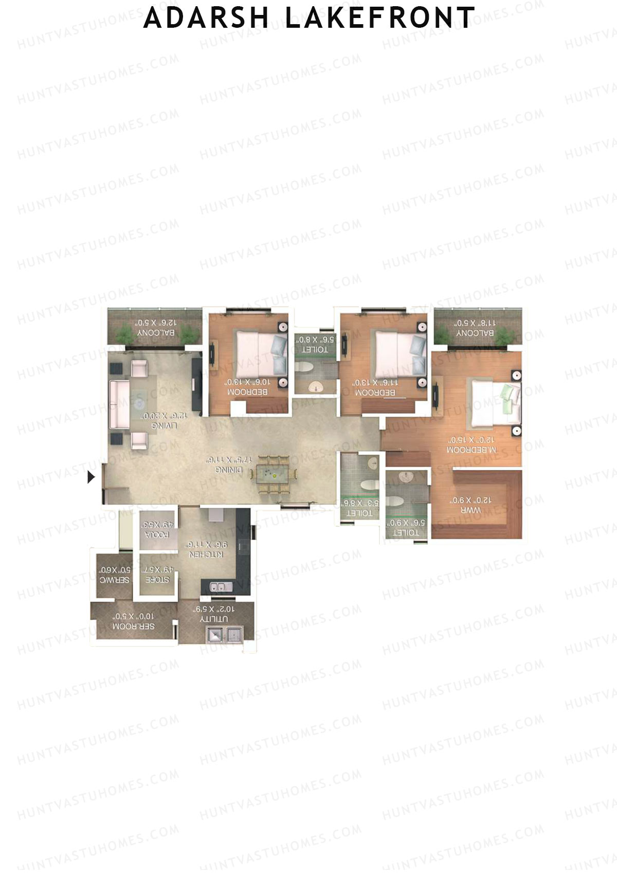 Adarsh Lakefront Tower J Unit 2 (Type 3J) Floor Plan