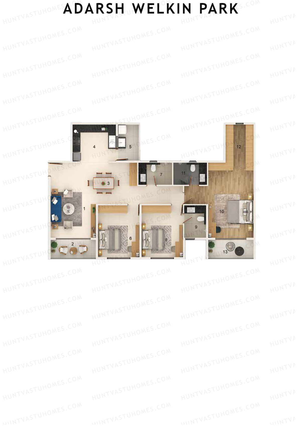 Adarsh Welkin Park, Block 11, Unit 2, 3BHK, Super Area 1906   sq ft 