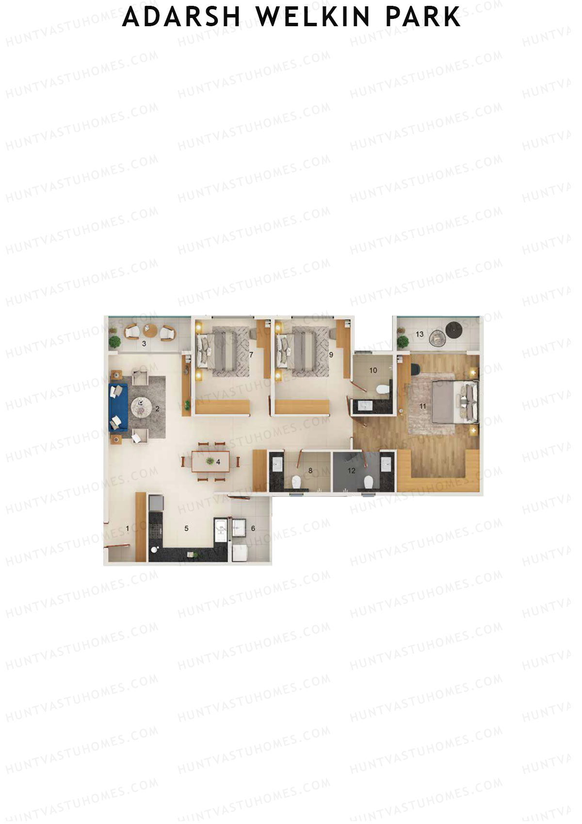Adarsh Welkin Park, Block 15, Unit 1, 3BHK, Super Area 1867   sq ft 