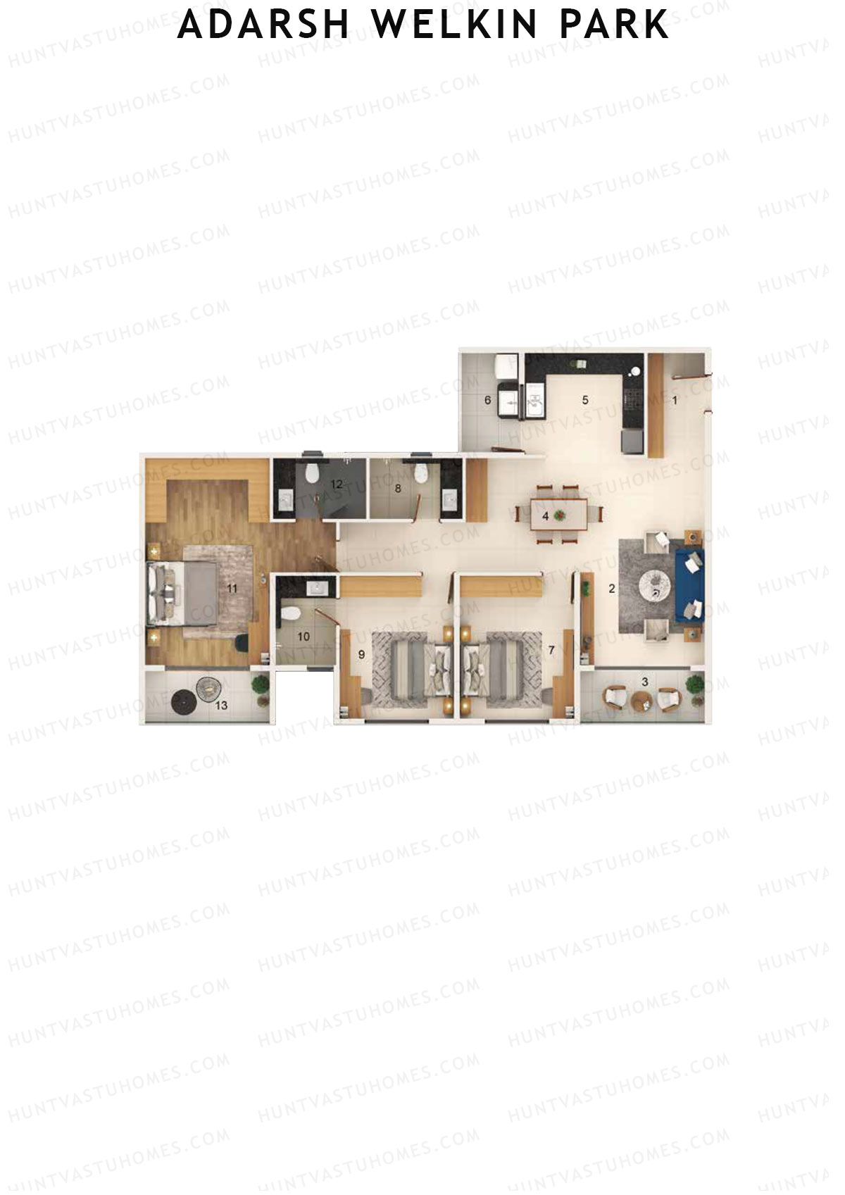 Adarsh Welkin Park, Block 7, Unit 3, 3BHK, Super Area 1868   sq ft 