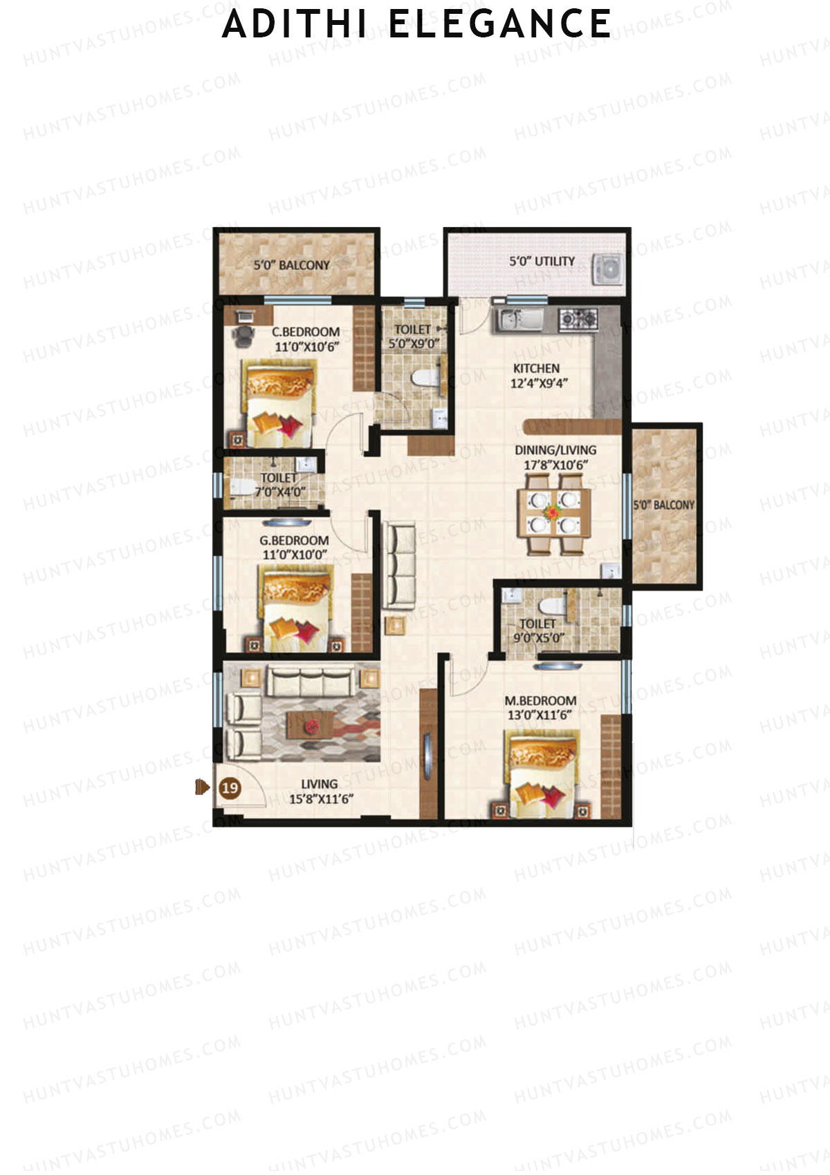 Adithi Elegance, Elegance, Unit 19, 3BHK, Super Area 1660   sq ft 