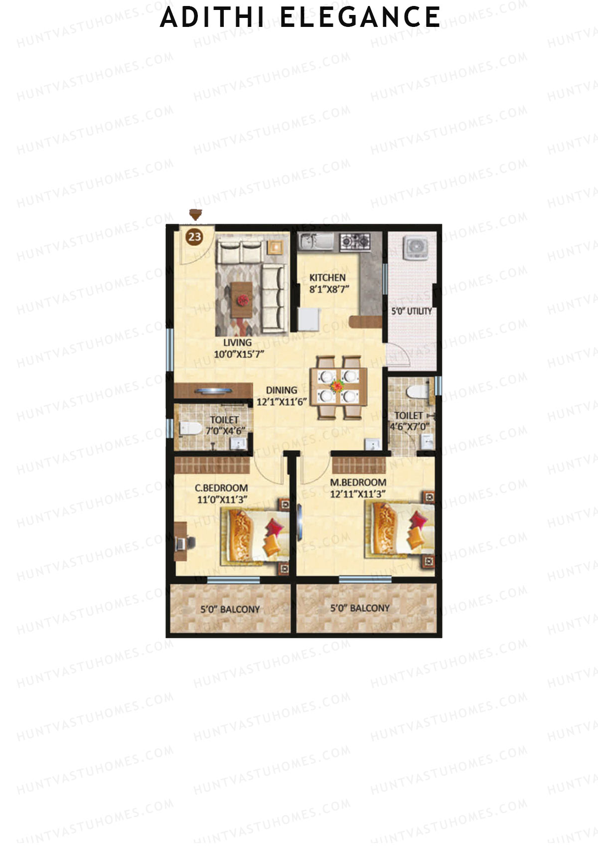 Adithi Elegance, Elegance, Unit 23, 2BHK, Super Area 1200   sq ft 