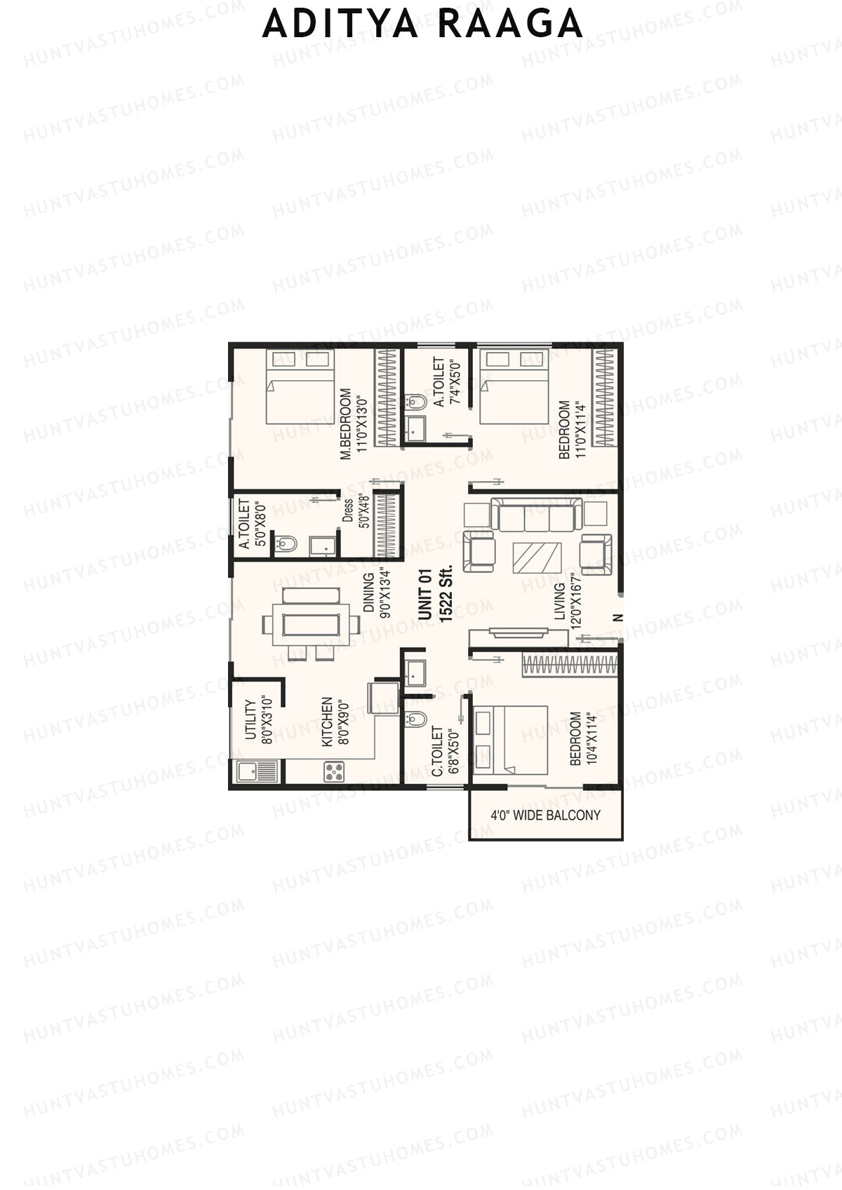 Aditya Raaga, Block A, Unit 1, 3BHK, Super Area 1414   sq ft 