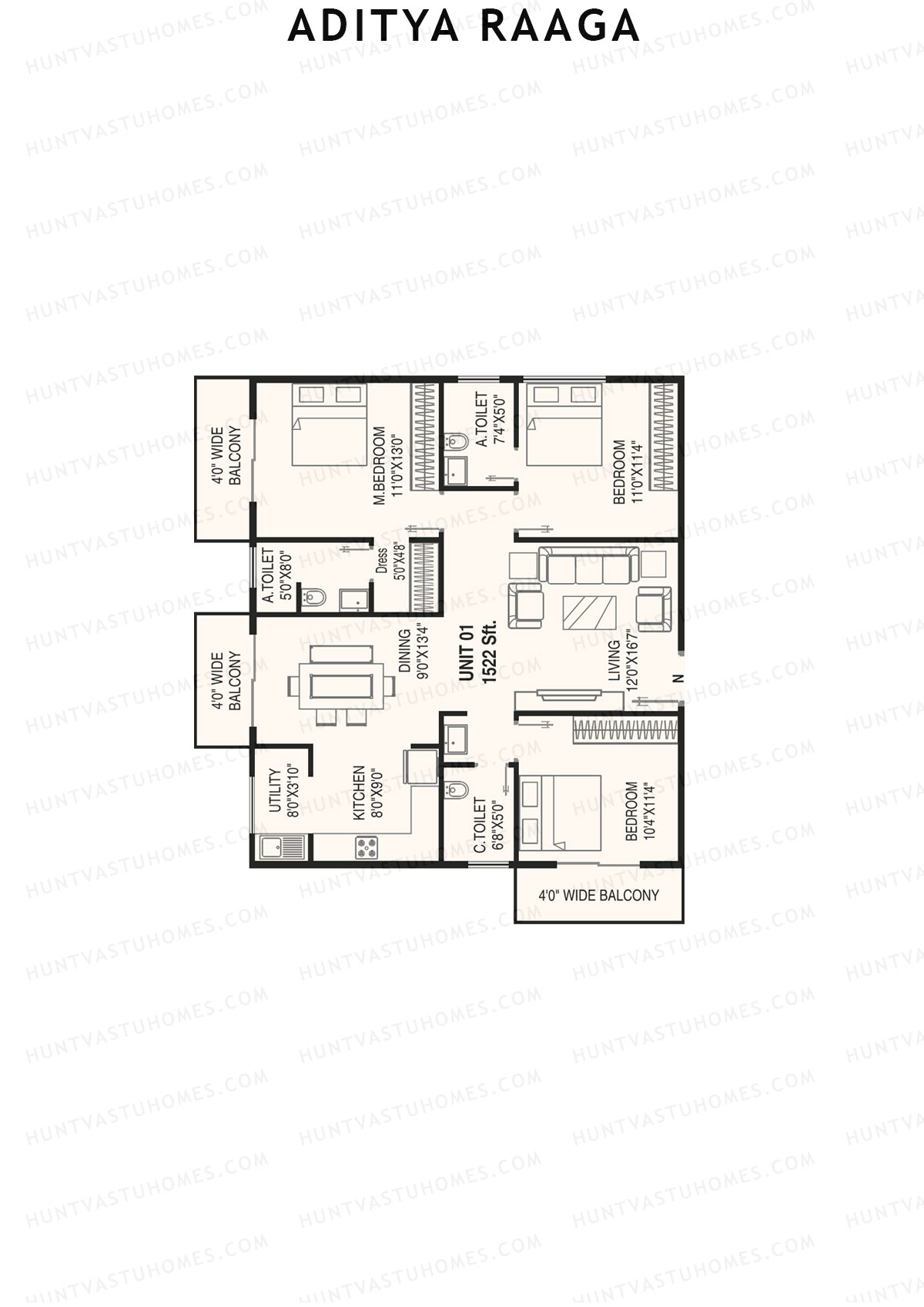 Aditya Raaga, Block A, Unit 1, 3BHK, Super Area 1522   sq ft 