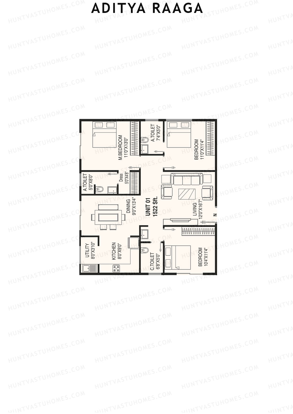 Aditya Raaga, Block A, Unit 2, 3BHK, Super Area 1354   sq ft 