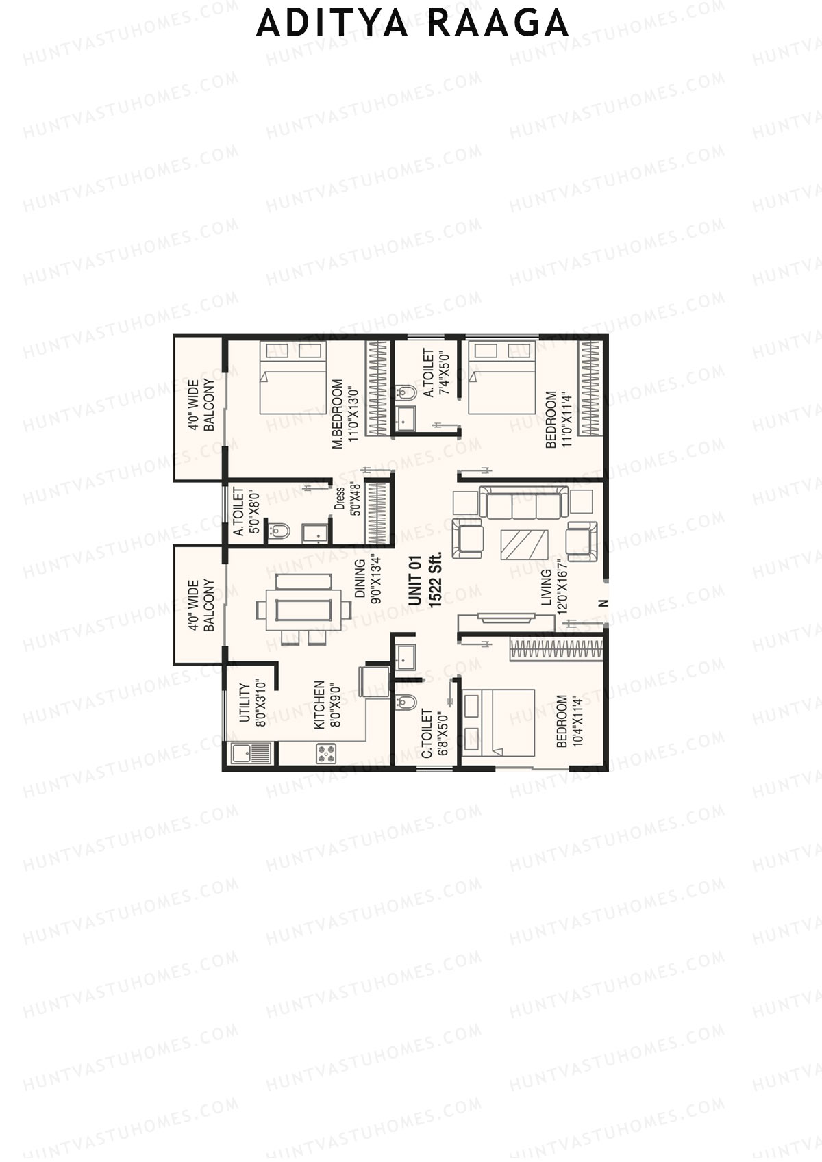 Aditya Raaga, Block A, Unit 2, 3BHK, Super Area 1461   sq ft 