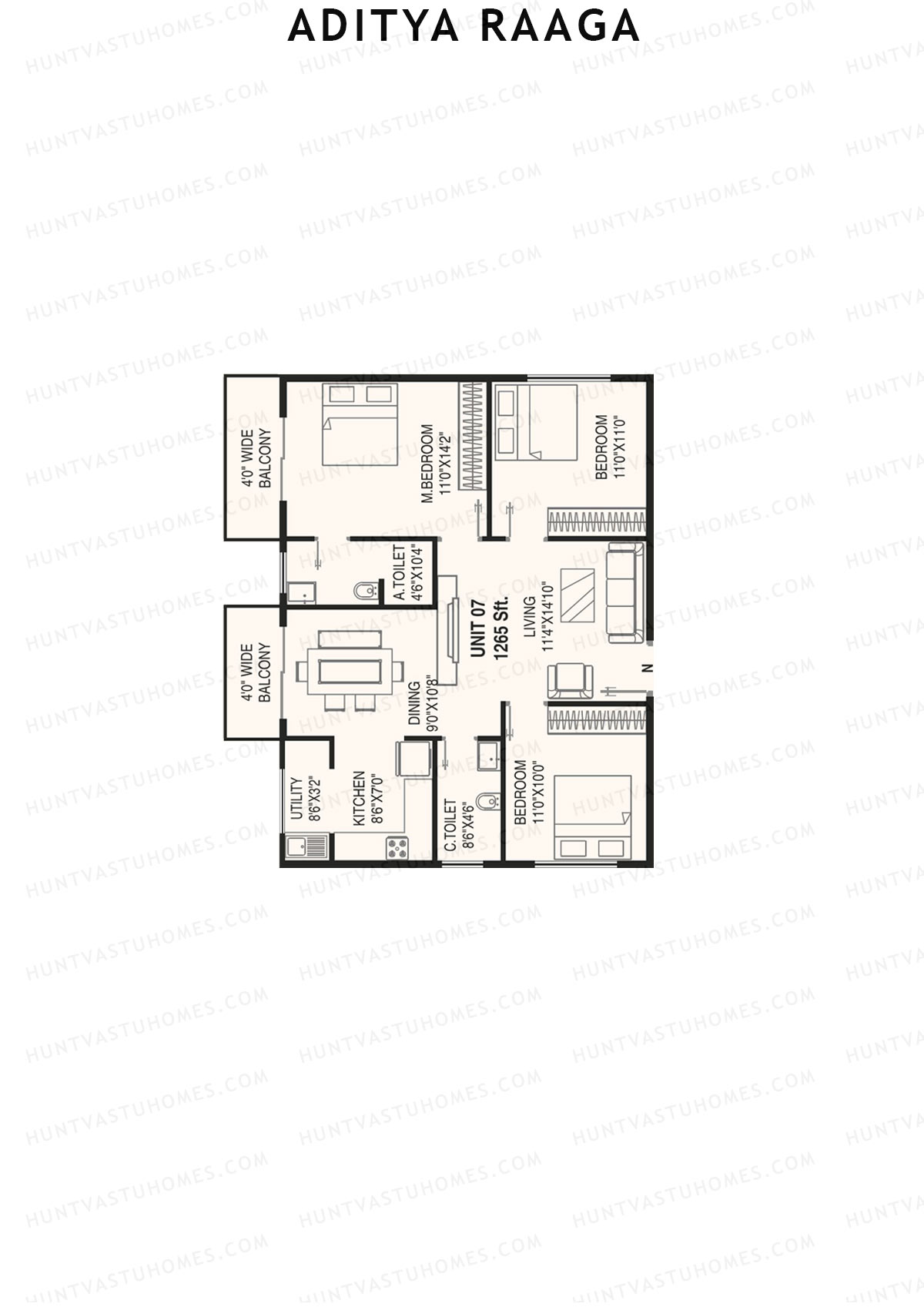 Aditya Raaga, Block A, Unit 7, 3BHK, Super Area 1265   sq ft 