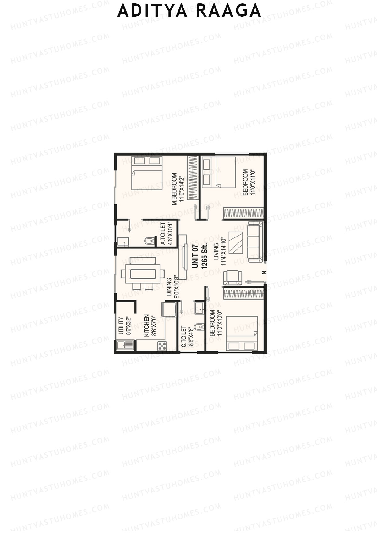 Aditya Raaga, Block A, Unit 8, 3BHK, Super Area 1158   sq ft 