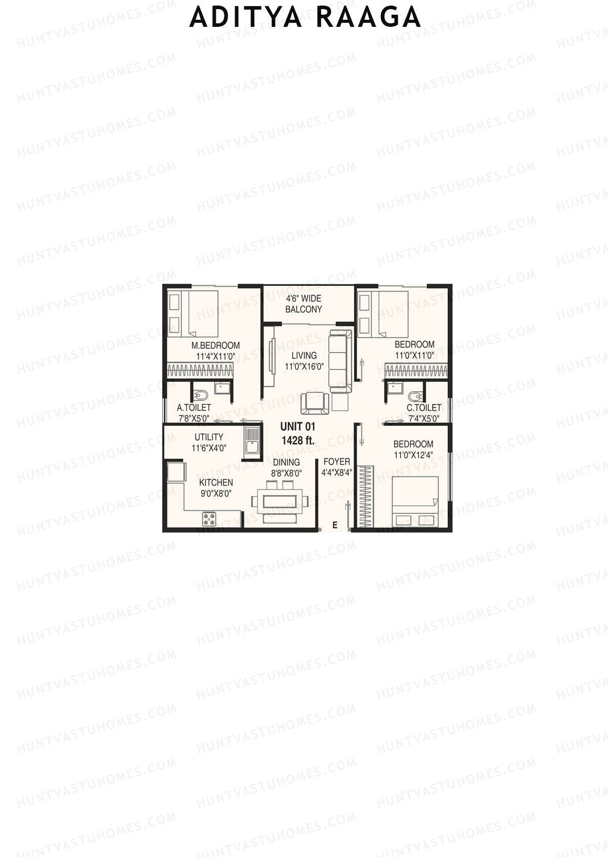 Aditya Raaga, Block B, Unit 1, 3BHK, Super Area 1308   sq ft 