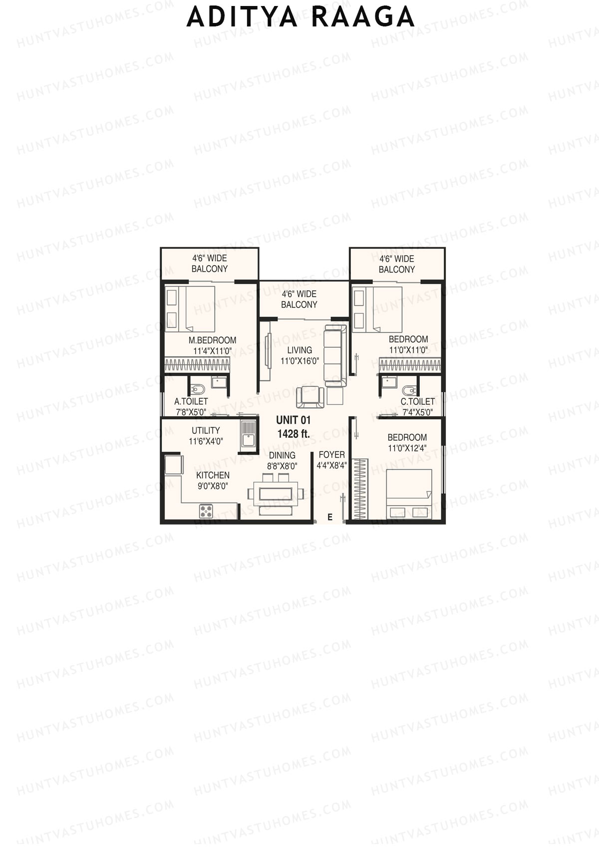 Aditya Raaga, Block B, Unit 1, 3BHK, Super Area 1428   sq ft 