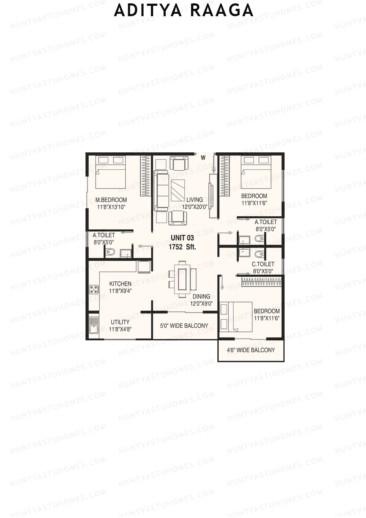 Aditya Raaga, Block B, Unit 20, 3BHK, Super Area 1679   sq ft 