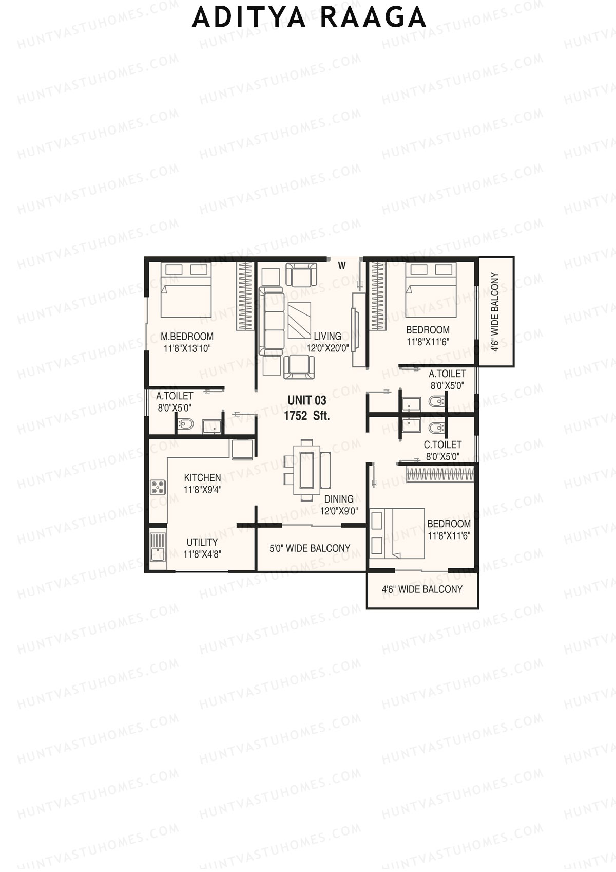 Aditya Raaga, Block B, Unit 21, 3BHK, Super Area 1740   sq ft 
