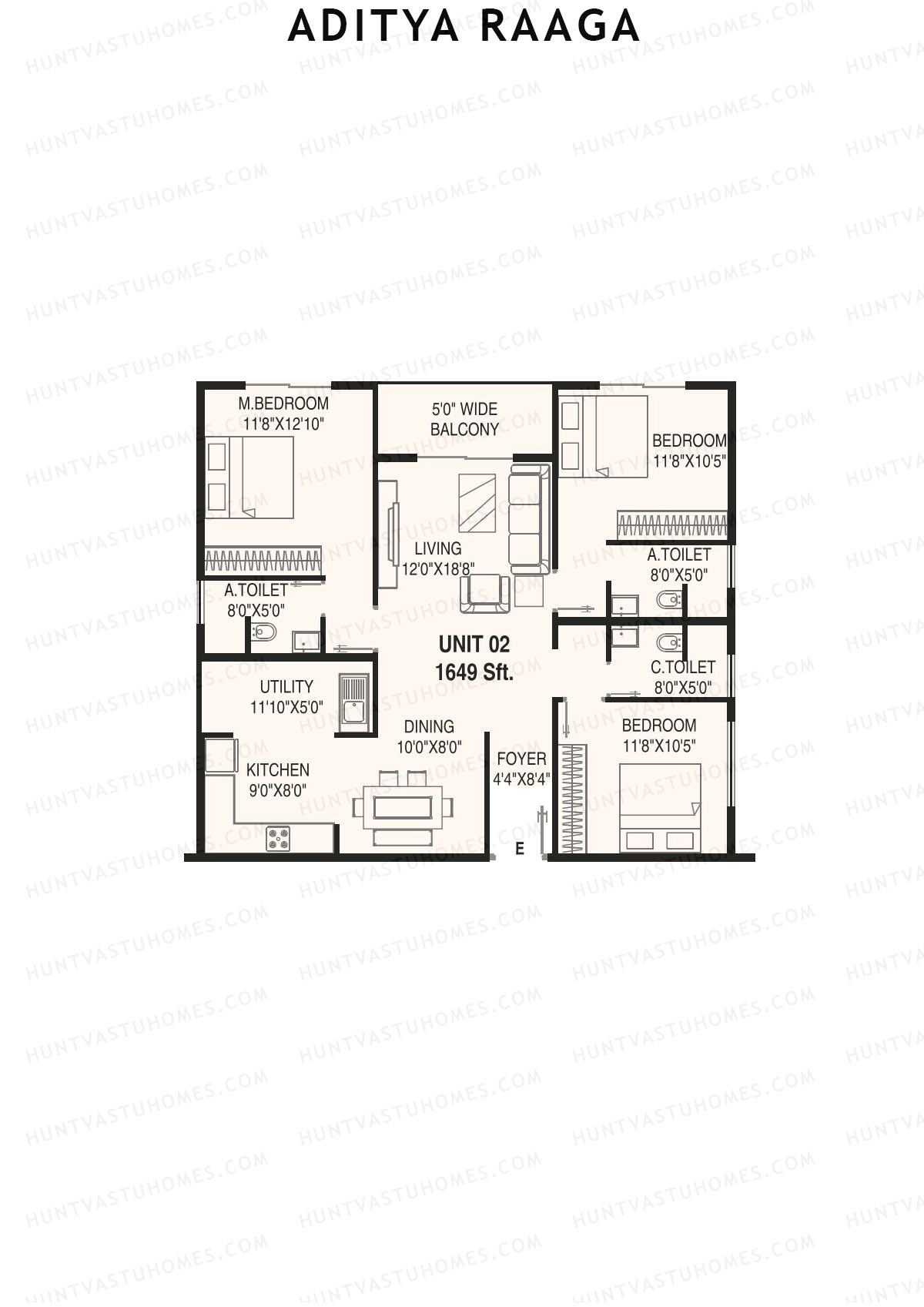 Aditya Raaga, Block B, Unit 2, 3BHK, Super Area 1524   sq ft 
