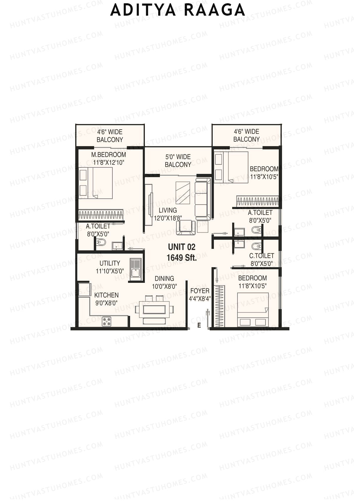 Aditya Raaga, Block B, Unit 2, 3BHK, Super Area 1649   sq ft 