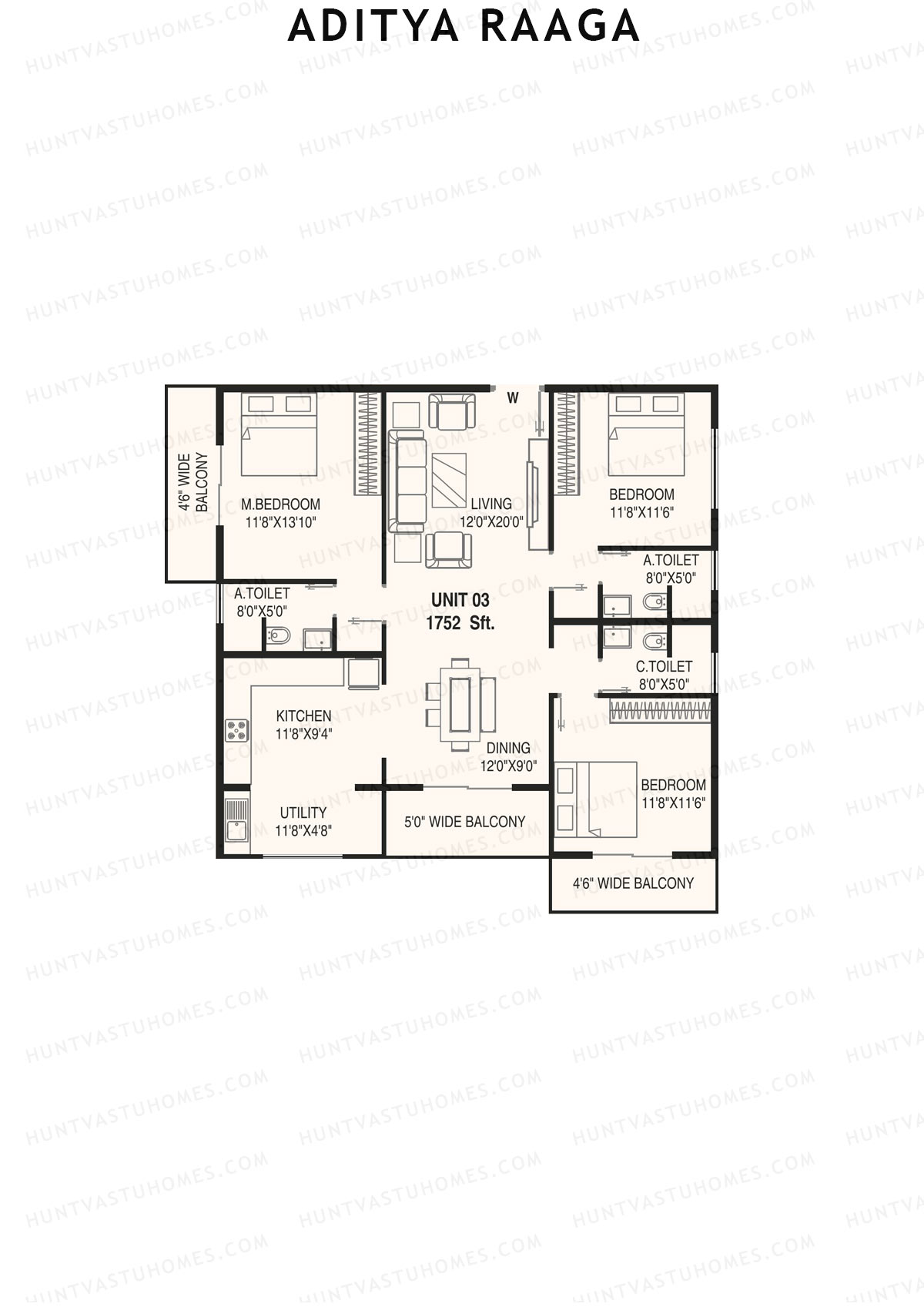 Aditya Raaga, Block B, Unit 3, 3BHK, Super Area 1752   sq ft 
