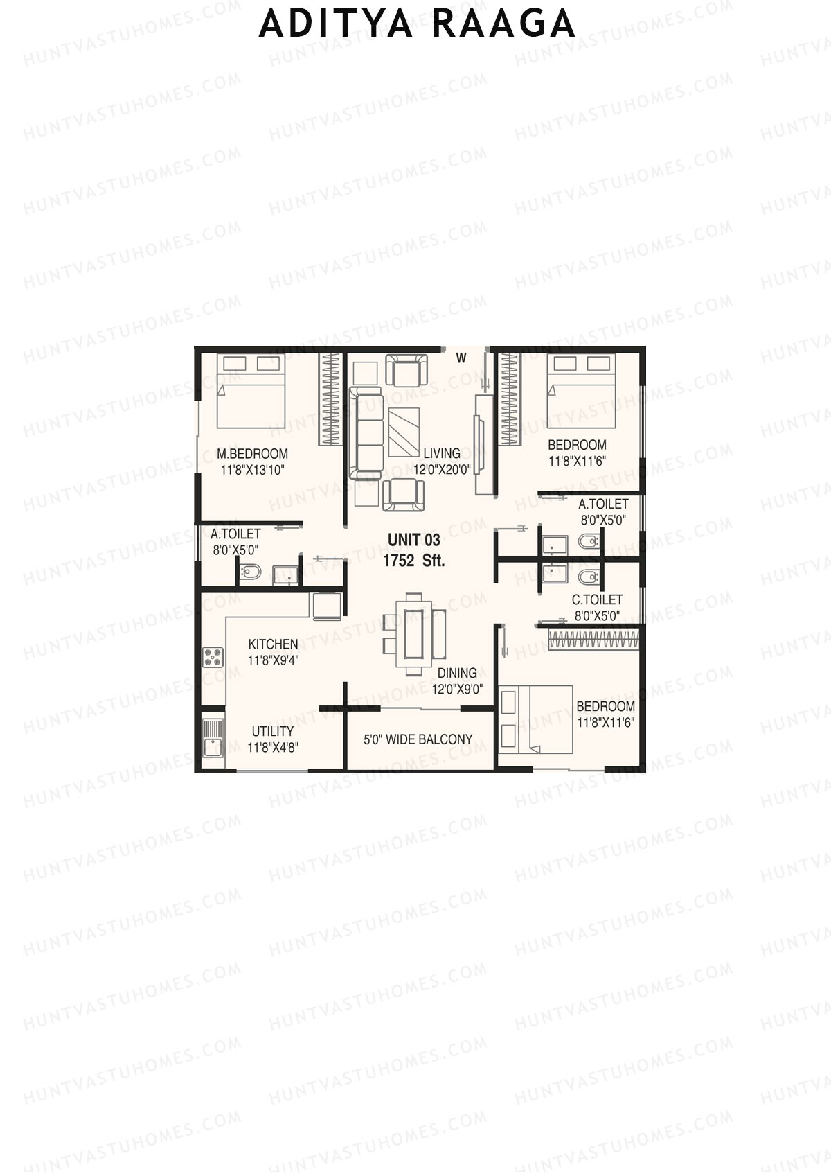 Aditya Raaga, Block B, Unit 8, 3BHK, Super Area 1616   sq ft 
