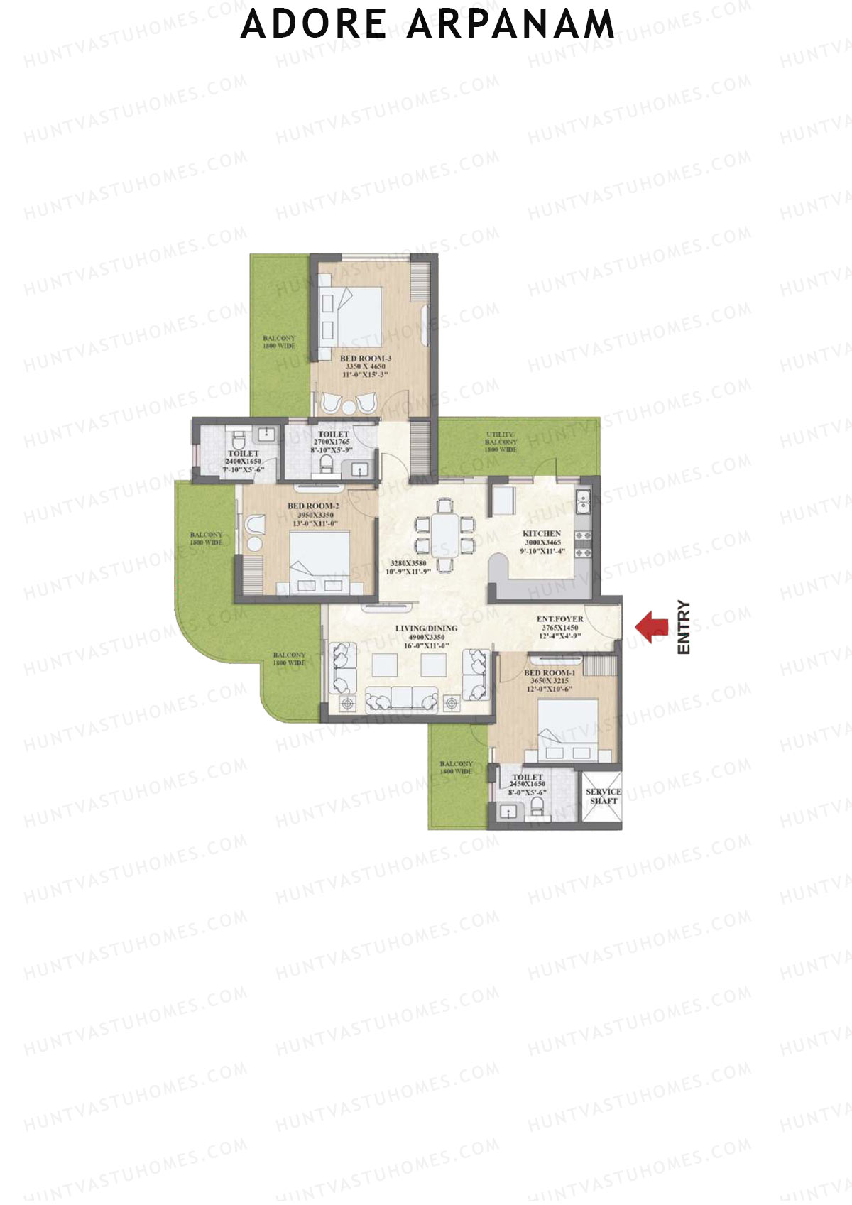 Adore Arpanam, Tower A, Unit 1, 3BHK, Super Area 1900   sq ft 