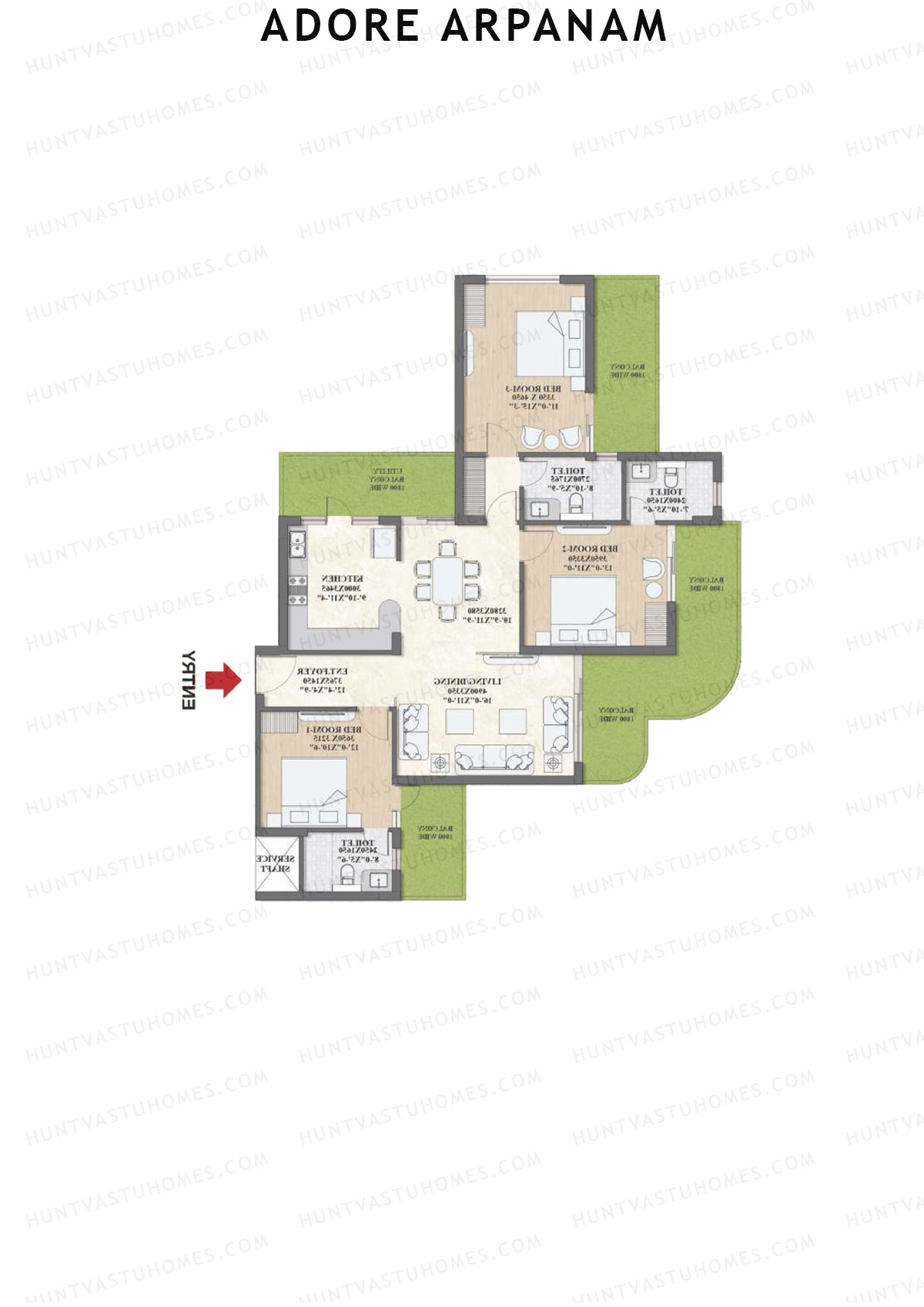 Adore Arpanam, Tower B, Unit 2, 3BHK, Super Area 1900   sq ft 