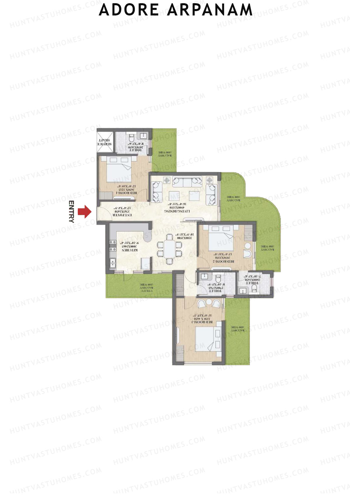 Adore Arpanam, Tower B, Unit 3, 3BHK, Super Area 1900   sq ft 