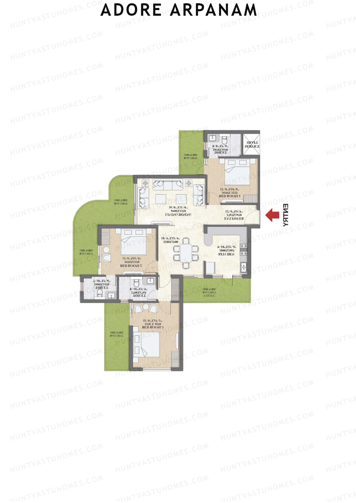 Adore Arpanam, Tower B, Unit 4, 3BHK, Super Area 1900   sq ft 