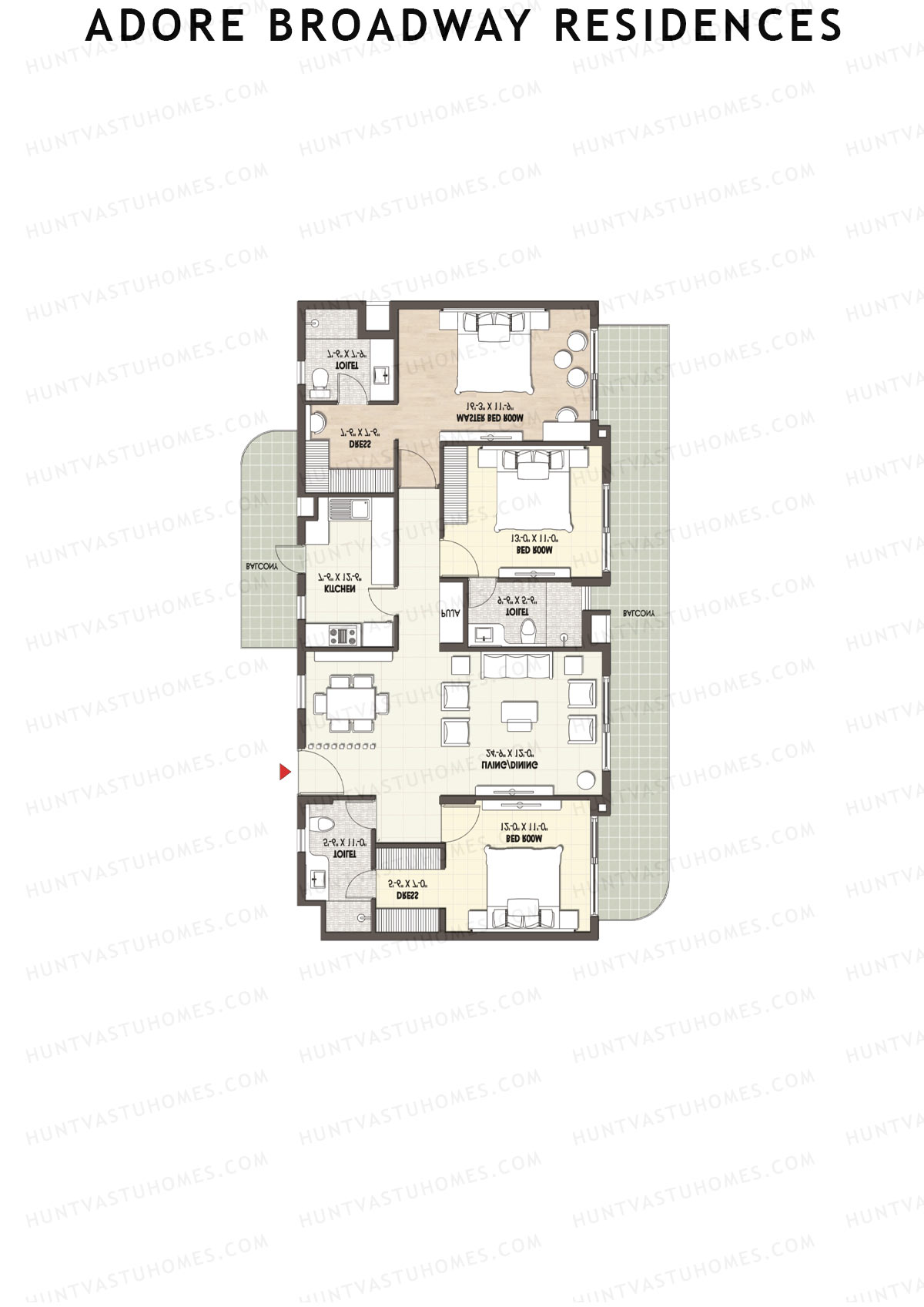 Adore Broadway Residences, Tower 1, Unit 4, 3BHK, Super Area 2100   sq ft 
