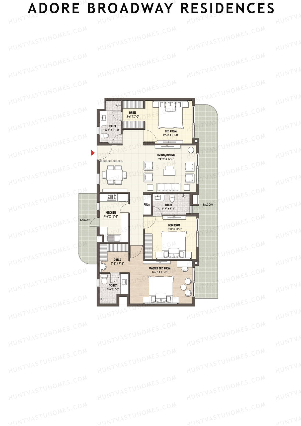 Adore Broadway Residences, Tower 2, Unit 3, 3BHK, Super Area 2100   sq ft 