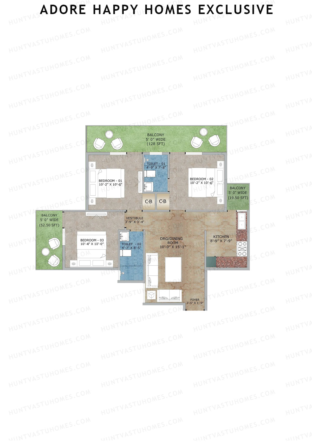 Adore Happy Homes Exclusive, Tower 11, Unit 1 (Type C), 3BHK, Super Area 845   sq ft 