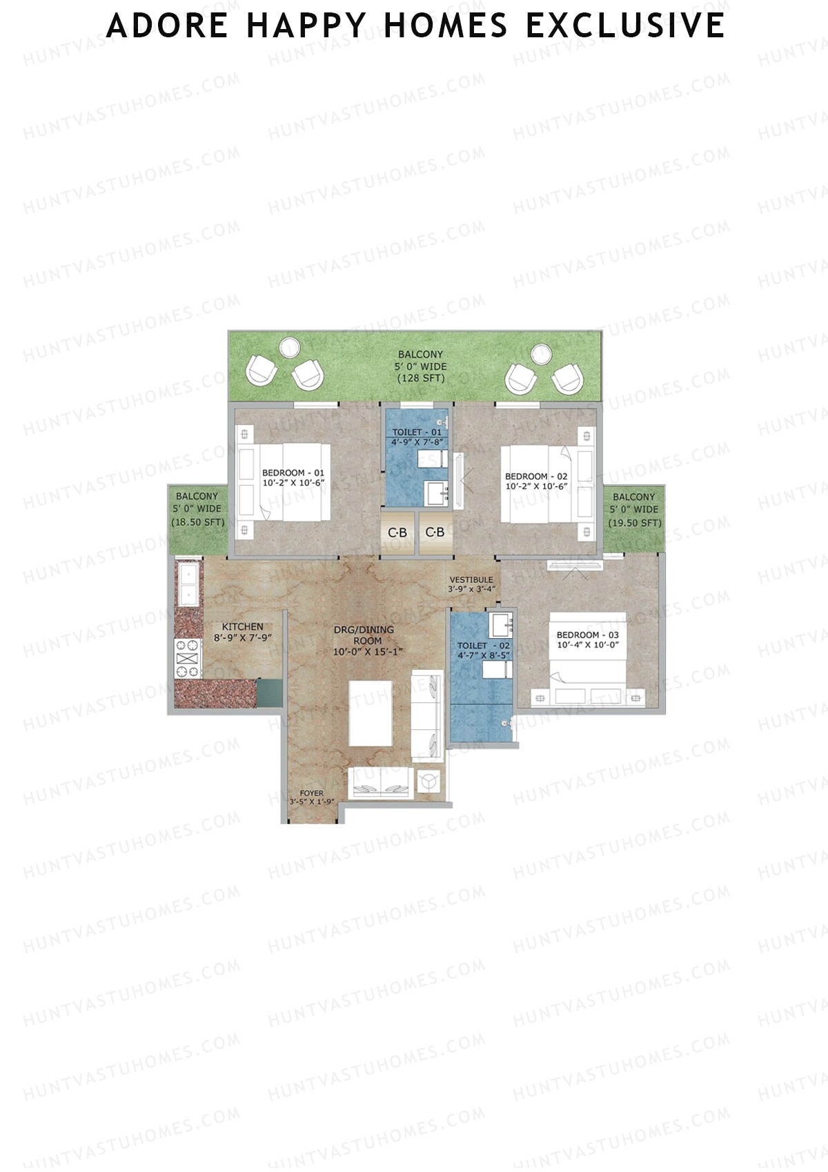 Adore Happy Homes Exclusive, Tower 11, Unit 2 (Type D), 3BHK, Super Area 811   sq ft 