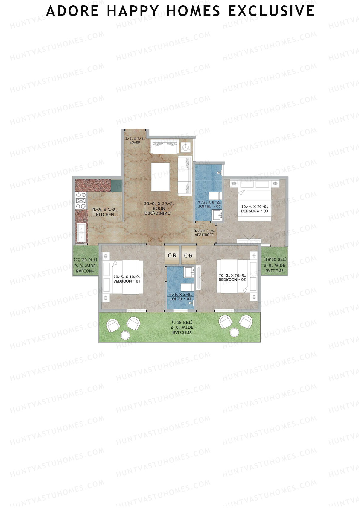 Adore Happy Homes Exclusive, Tower 11, Unit 3 (Type D), 3BHK, Super Area 811   sq ft 