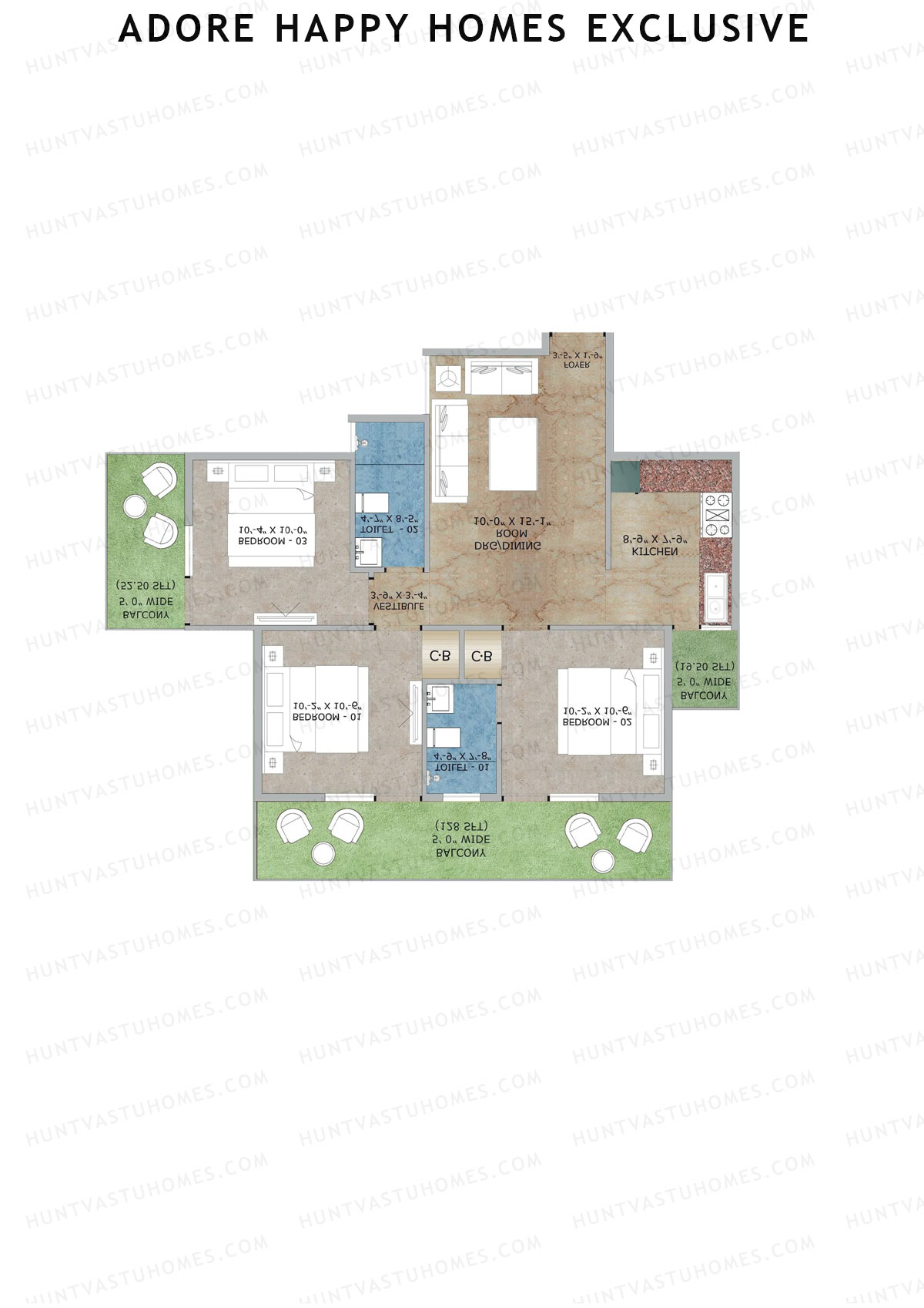 Adore Happy Homes Exclusive, Tower 11, Unit 4 (Type C), 3BHK, Super Area 845   sq ft 