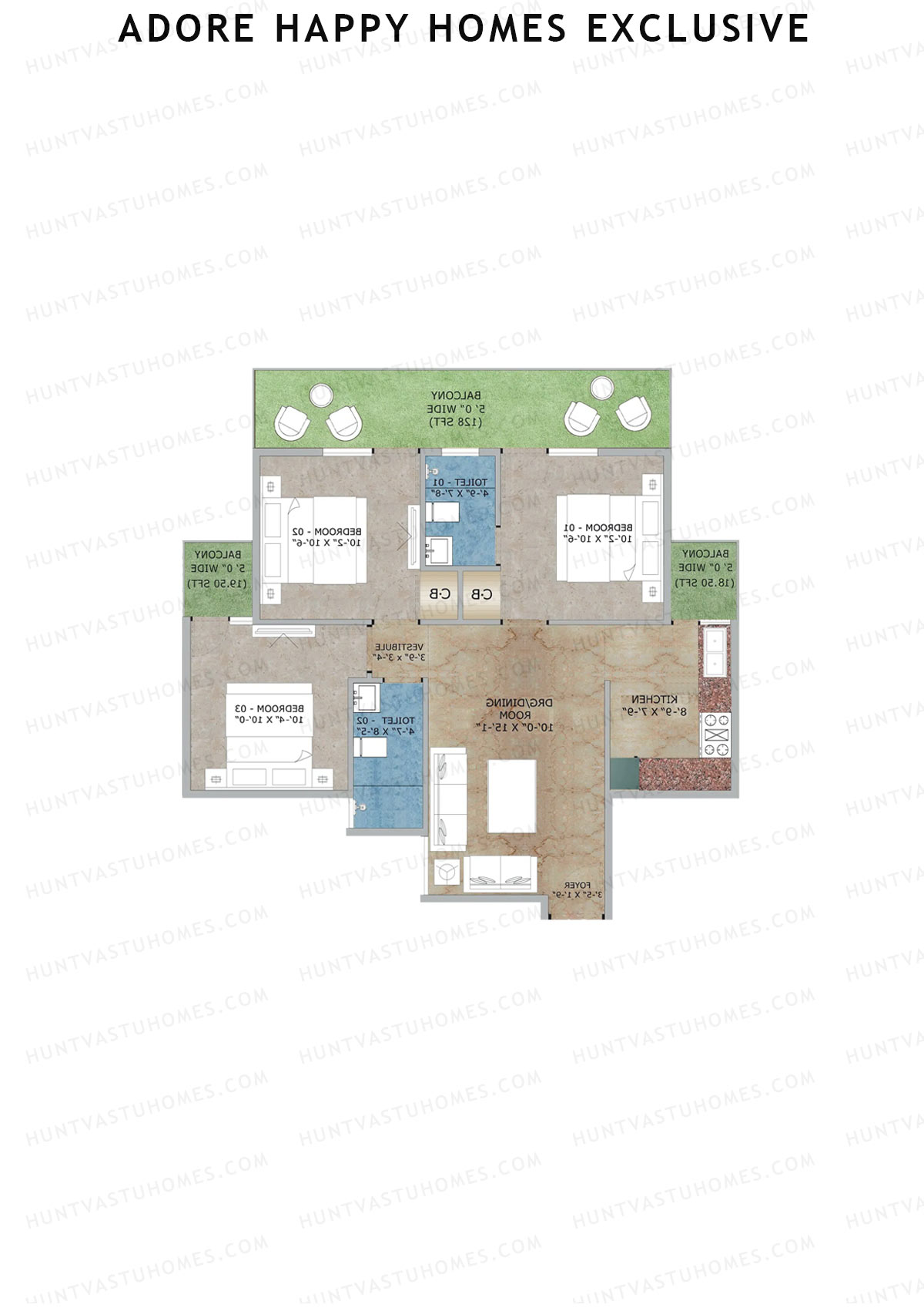 Adore Happy Homes Exclusive, Tower 12, Unit 1 (Type D), 3BHK, Super Area 811   sq ft 