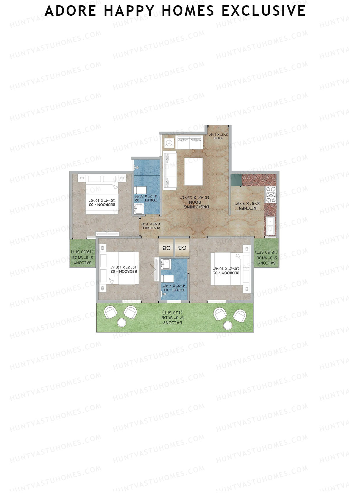 Adore Happy Homes Exclusive, Tower 13, Unit 4 (Type D), 3BHK, Super Area 811   sq ft 