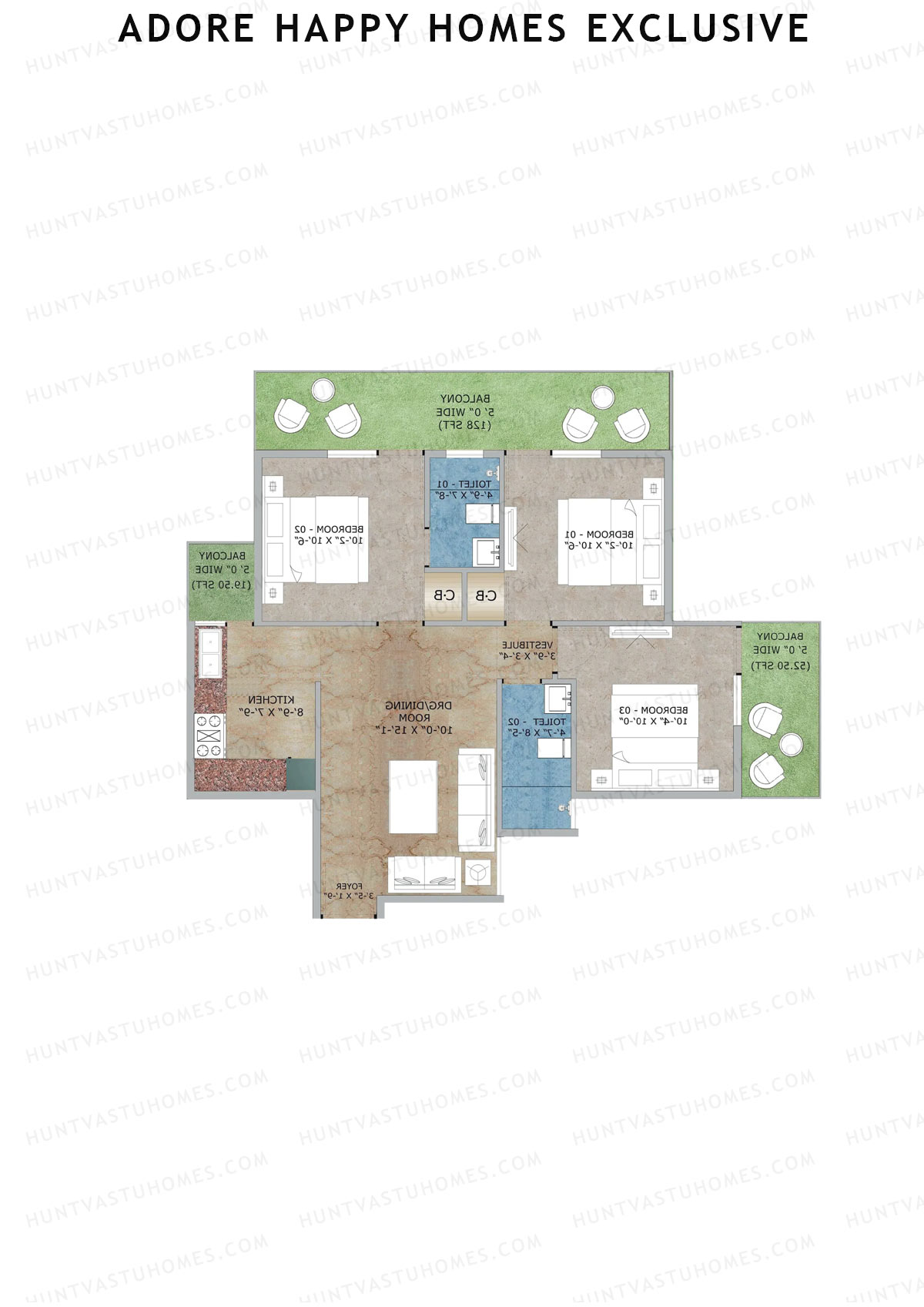 Adore Happy Homes Exclusive, Tower 14, Unit 2 (Type C), 3BHK, Super Area 845   sq ft 