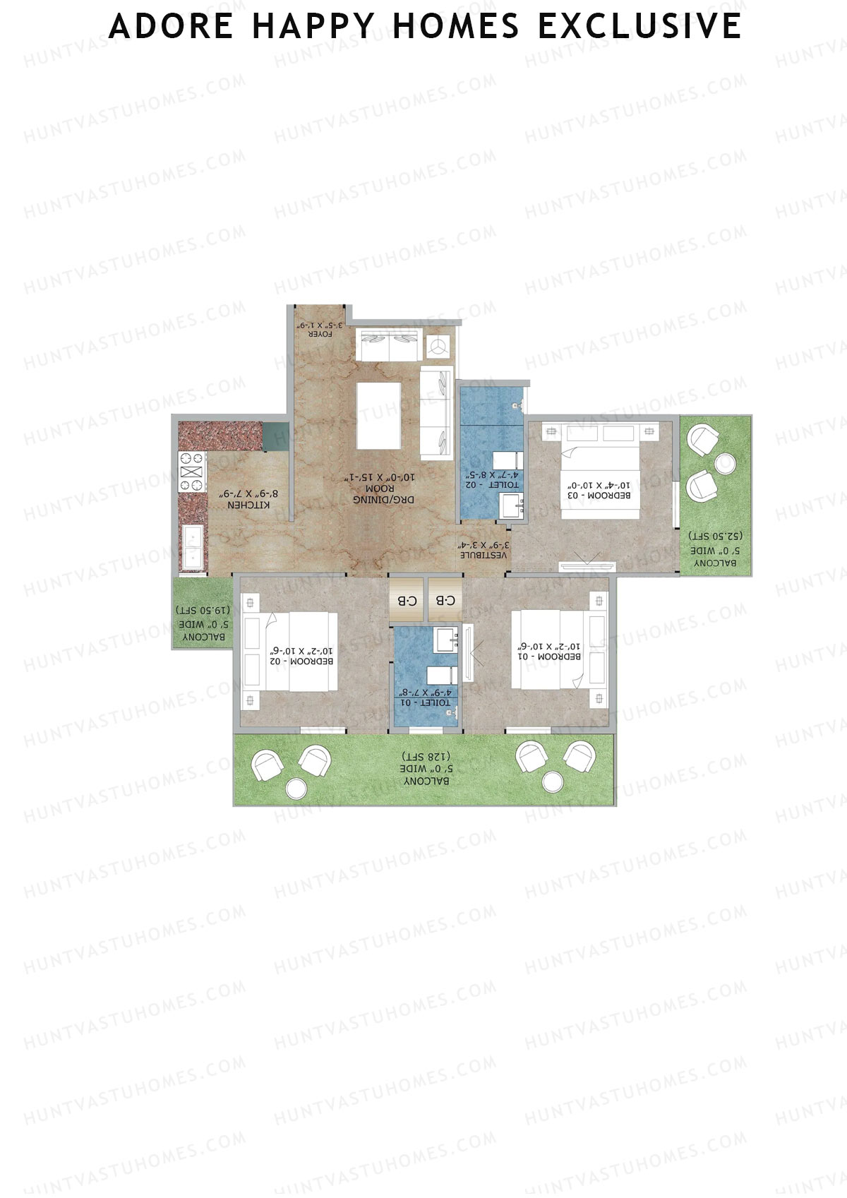 Adore Happy Homes Exclusive, Tower 14, Unit 3 (Type C), 3BHK, Super Area 845   sq ft 