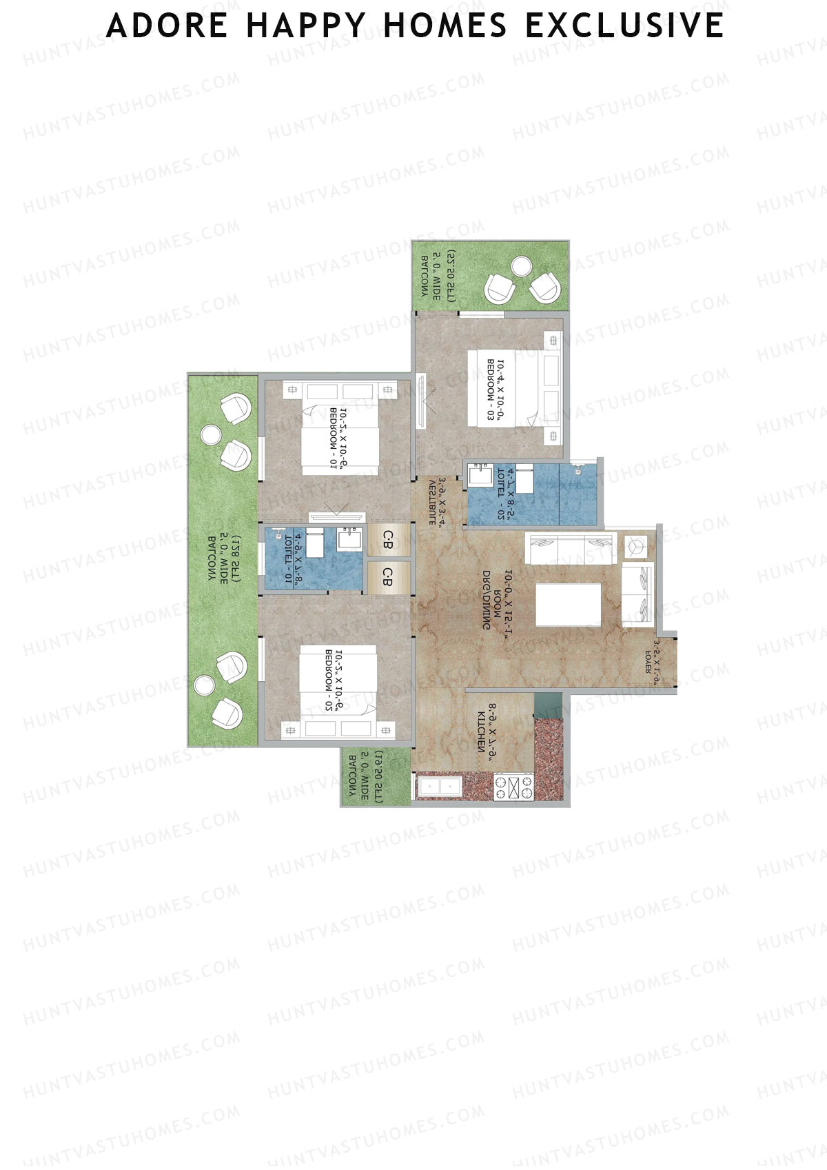 Adore Happy Homes Exclusive, Tower 15, Unit 2 (Type C), 3BHK, Super Area 845   sq ft 