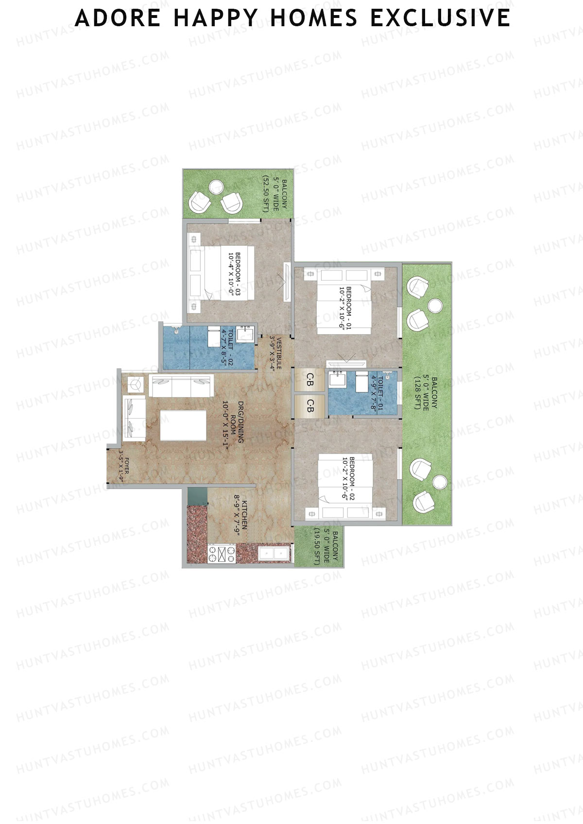 Adore Happy Homes Exclusive, Tower 15, Unit 3 (Type C), 3BHK, Super Area 845   sq ft 