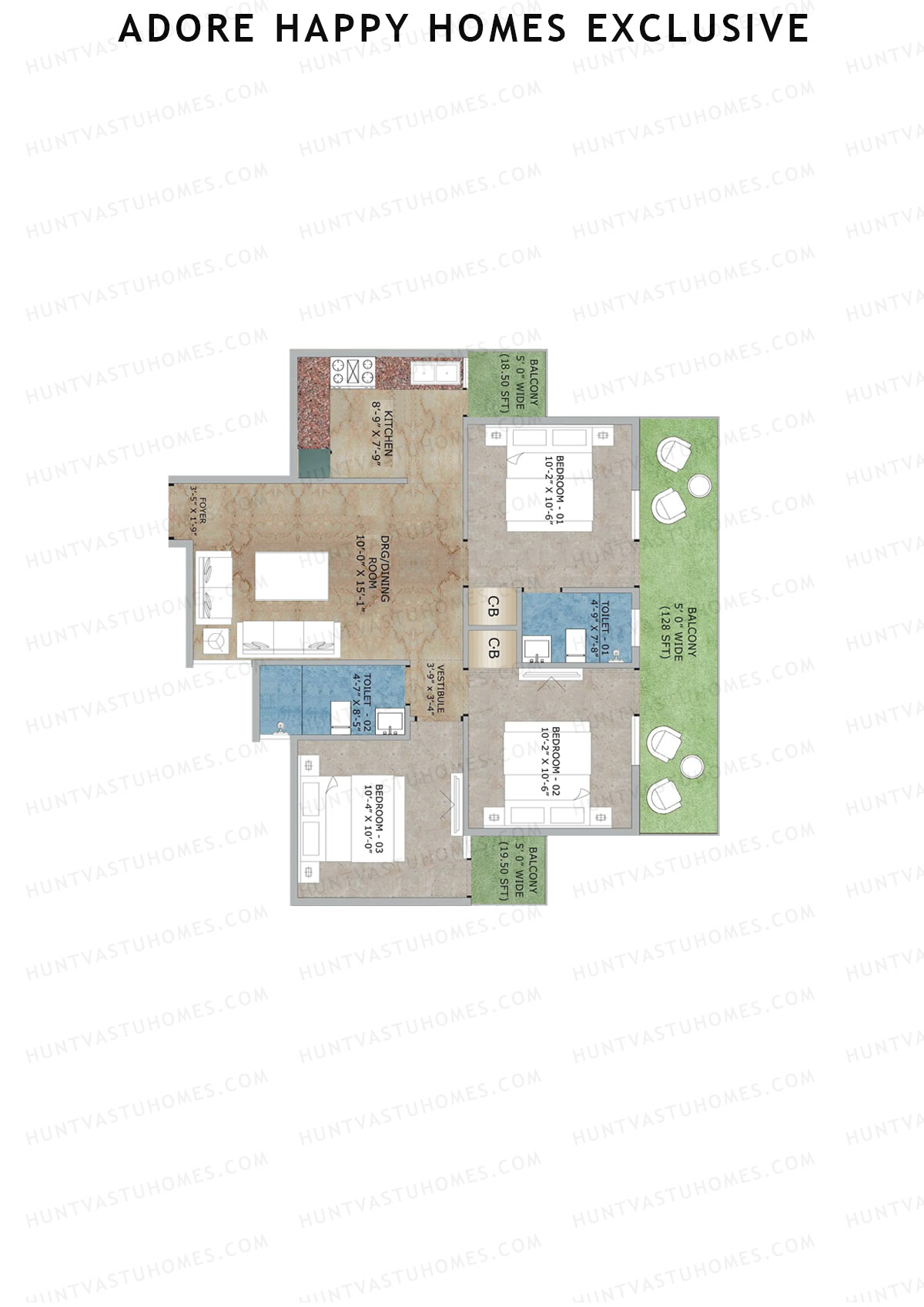 Adore Happy Homes Exclusive, Tower 16, Unit 4 (Type D), 3BHK, Super Area 811   sq ft 